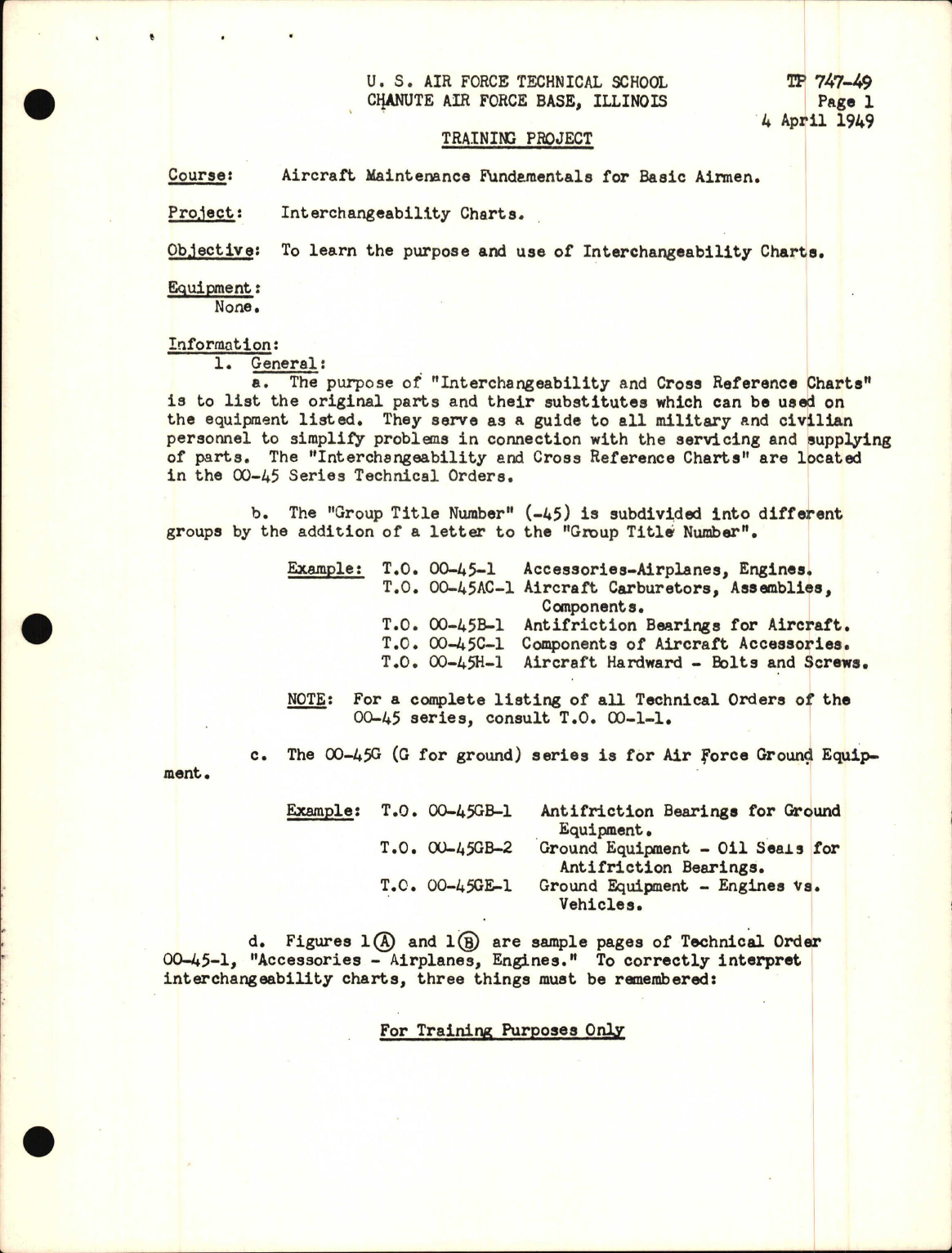 Sample page 1 from AirCorps Library document: Training Project, Interchangeability Charts