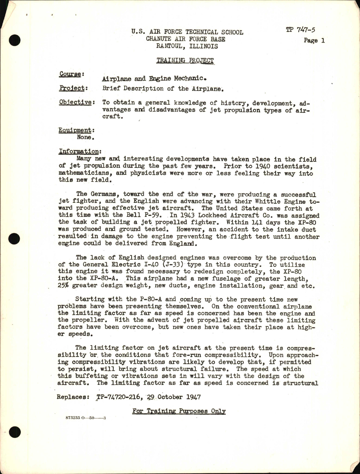Sample page 1 from AirCorps Library document: Training Project, Brief Description of the Airplane