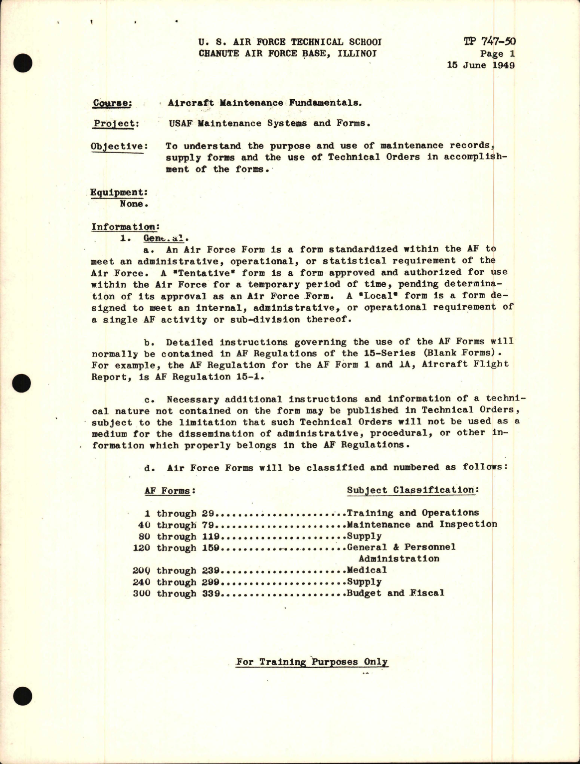 Sample page 1 from AirCorps Library document: Training Project, USAF Maintenance Systems and Forms