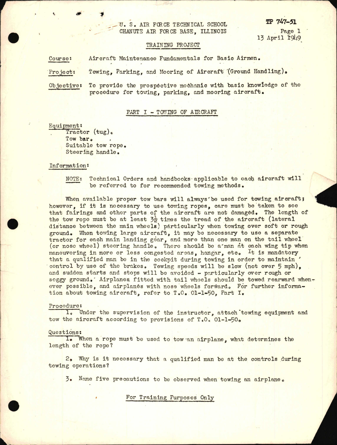 Sample page 1 from AirCorps Library document: Training Project, Towing, Parking and Mooring of Aircraft (Ground Handling) 
