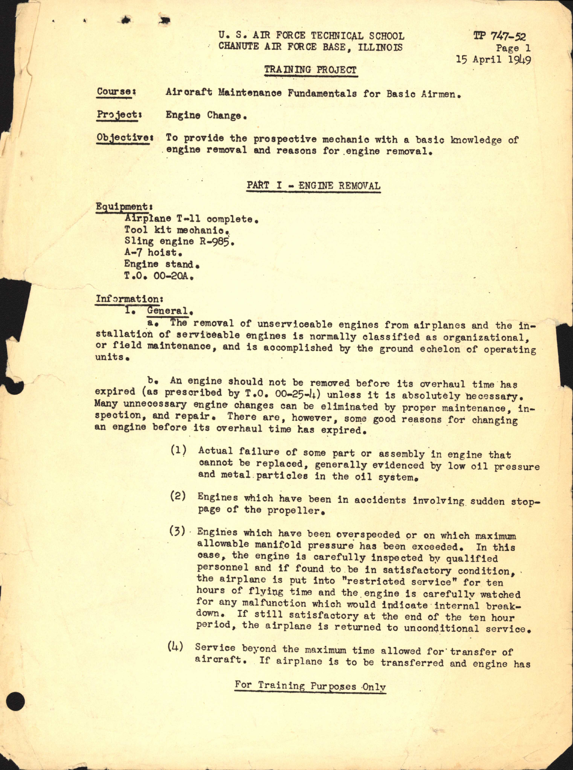 Sample page 1 from AirCorps Library document: Training Project, Engine Change