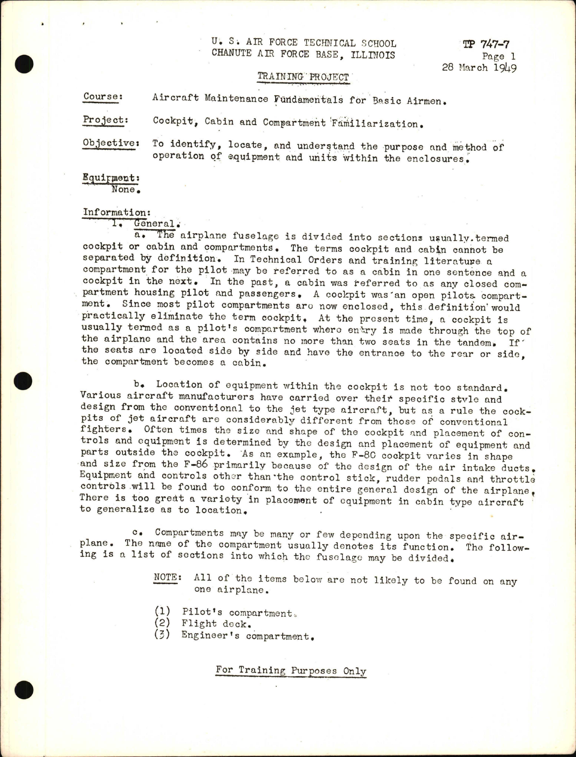 Sample page 1 from AirCorps Library document: Training Project, Cockpit, Cabin and Compartment Familiarization