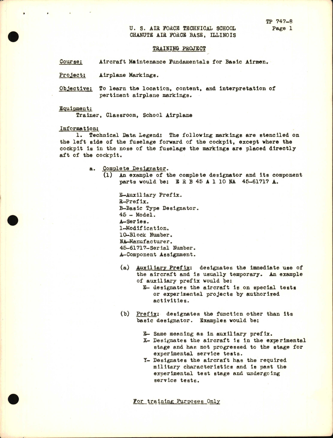 Sample page 1 from AirCorps Library document: Training Project, Airplane Markings