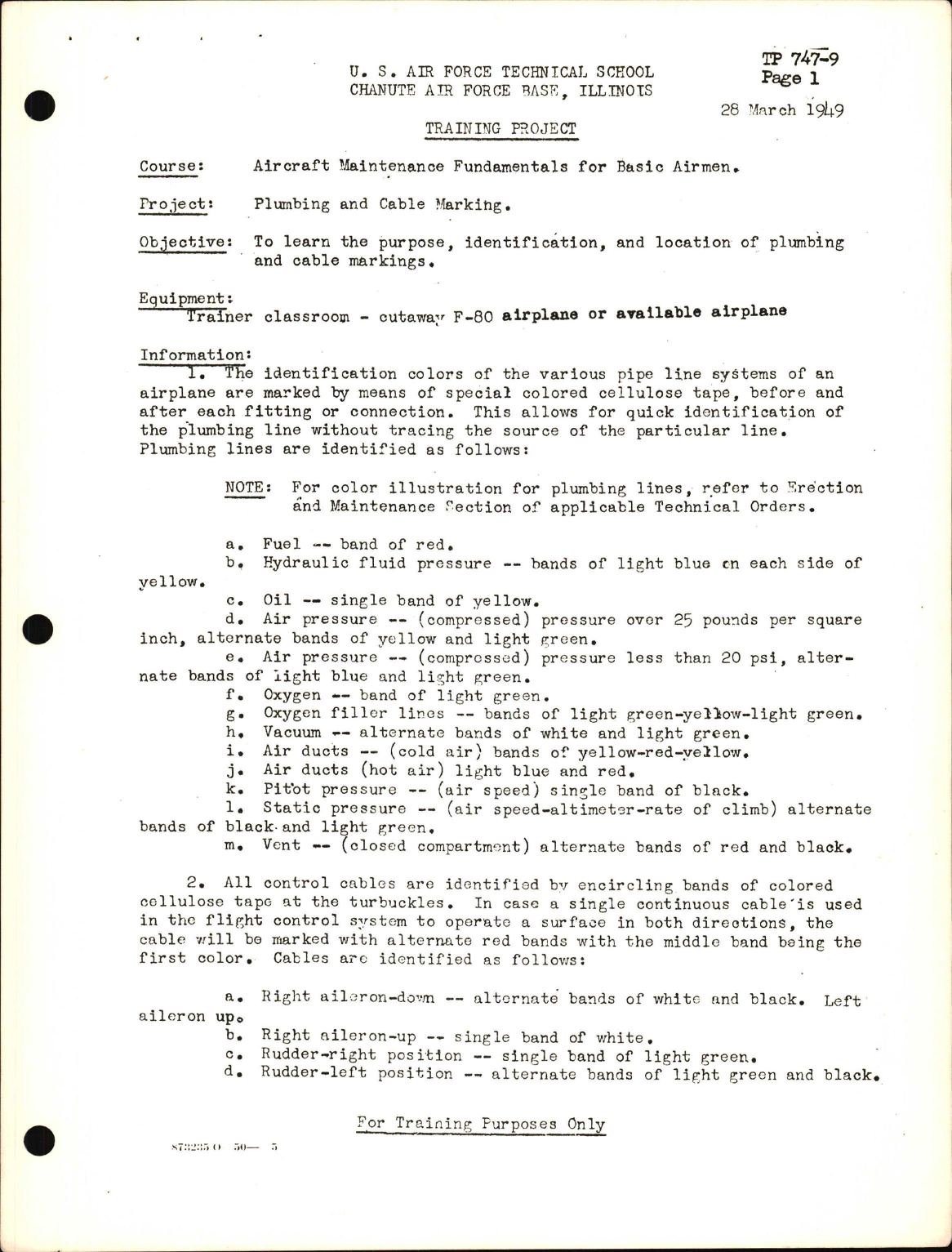 Sample page 1 from AirCorps Library document: Training Project, Plumbing and Cable Marking