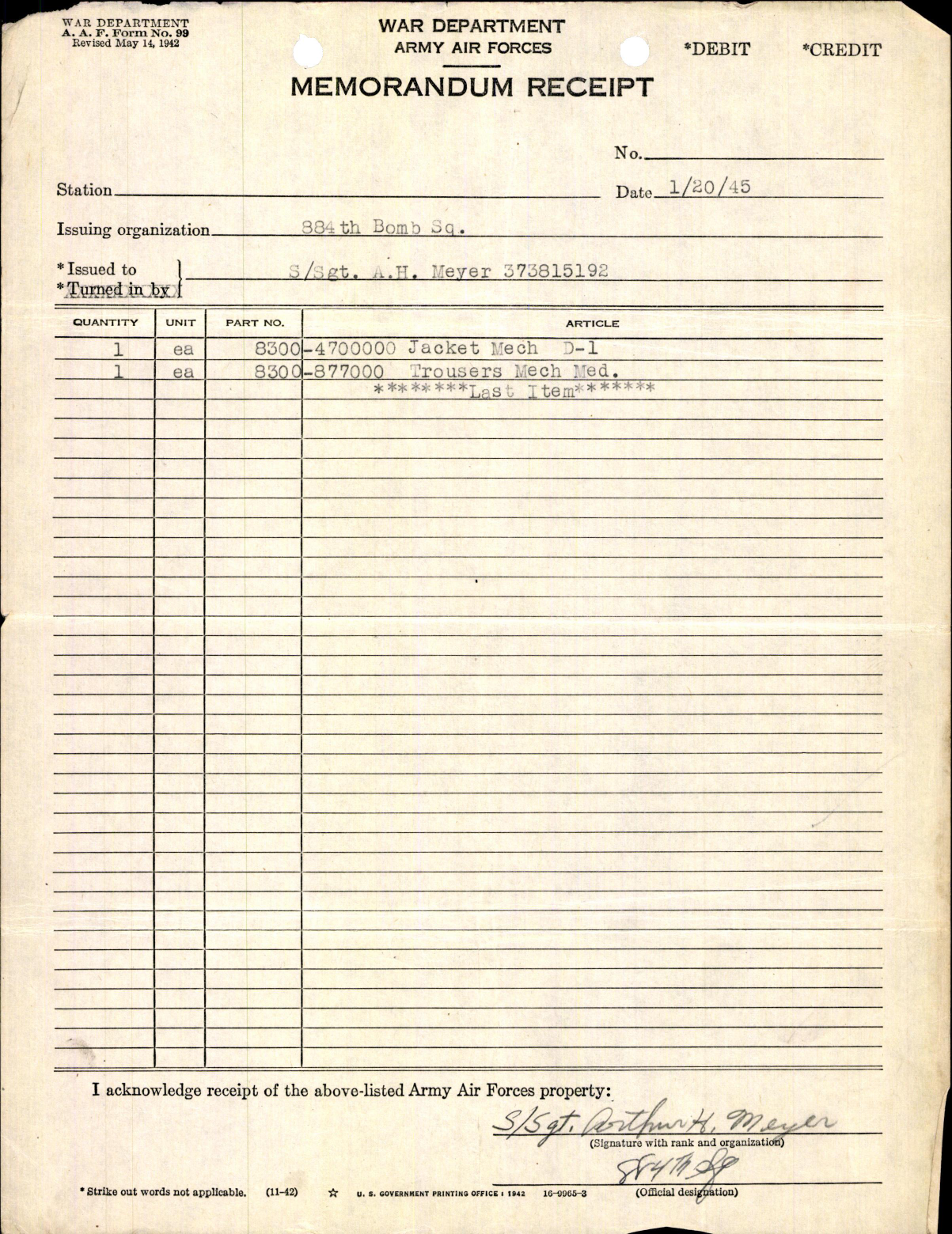 Sample page 1 from AirCorps Library document: Arthur H Meyer Training and Study Info