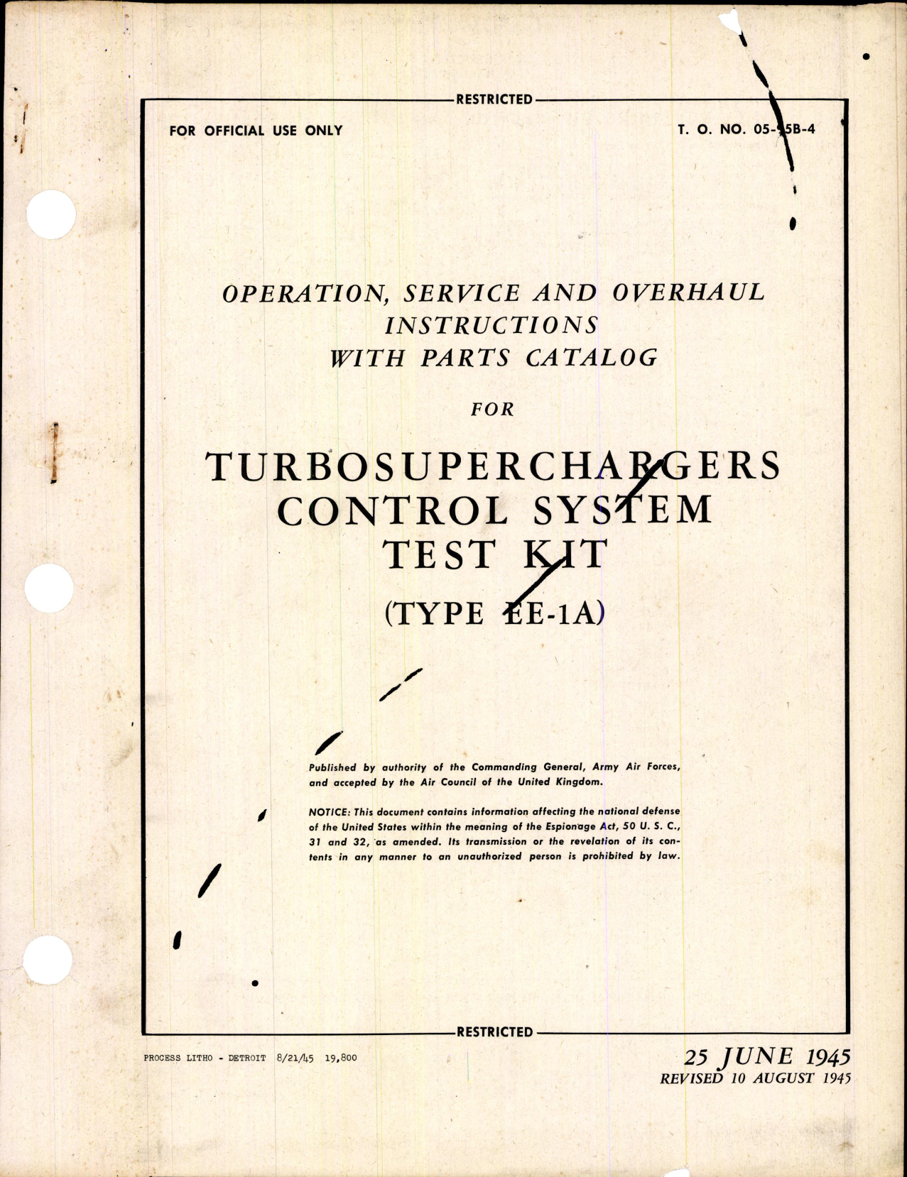 Sample page 1 from AirCorps Library document: Instructions for Turbosuperchargers Control System Test Kit (Type EE-1A)