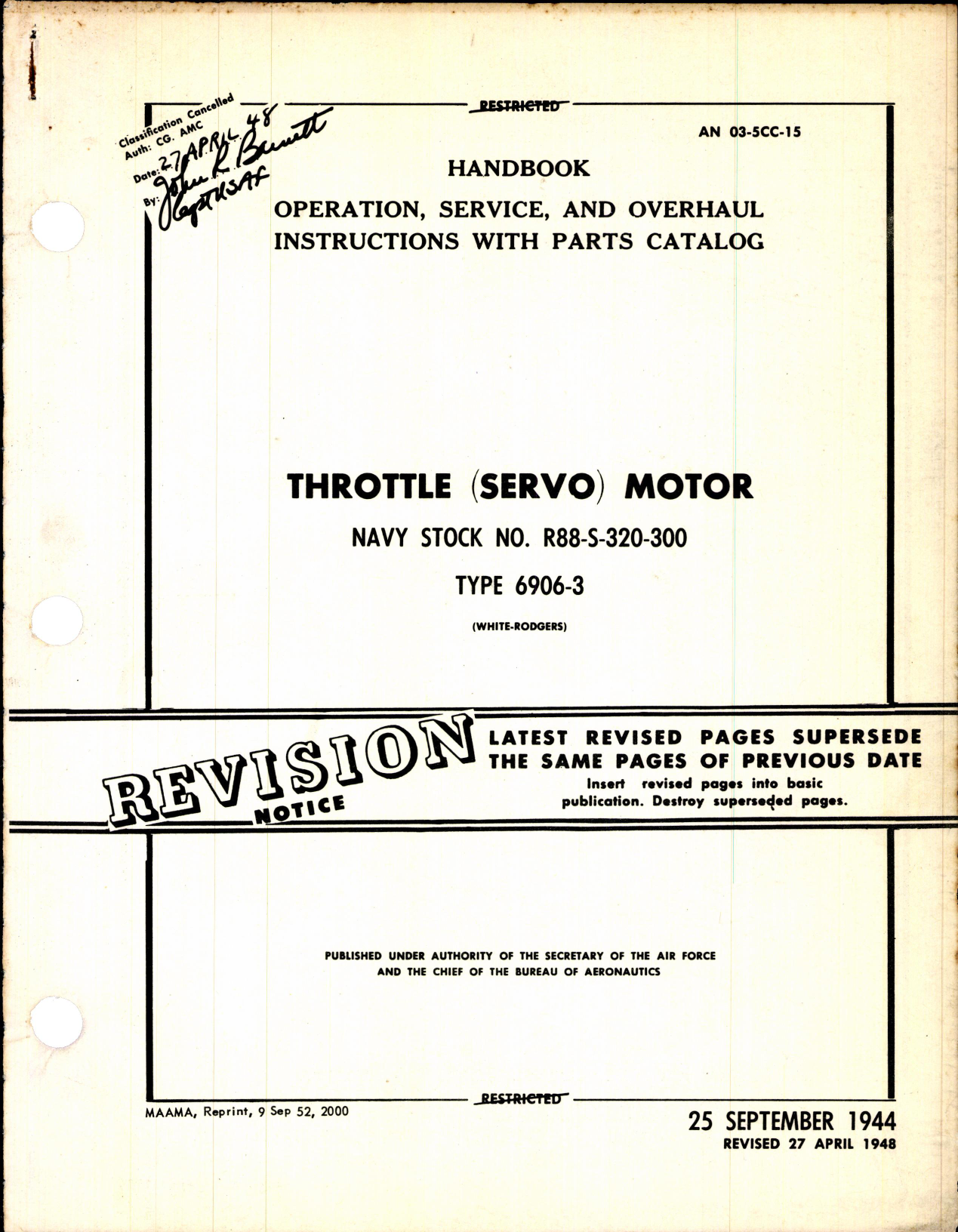 Sample page 1 from AirCorps Library document: Operation, Service, & Overhaul Inst w/ Parts Catalog for Throttle (Servo) Motor Type 6906-3