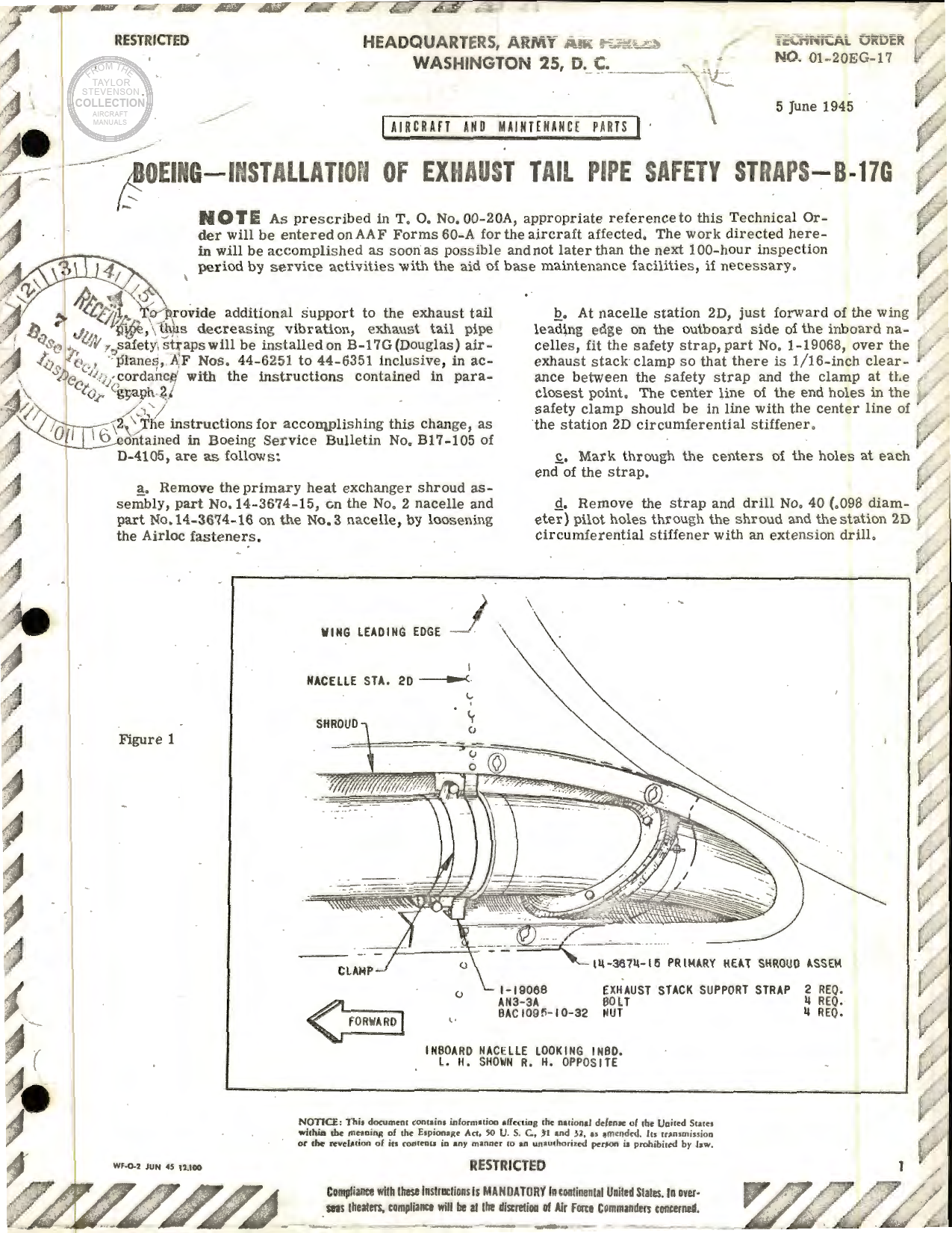Sample page 1 from AirCorps Library document: Installation of Exhaust Tail Pipe Safety Straps for B-17G