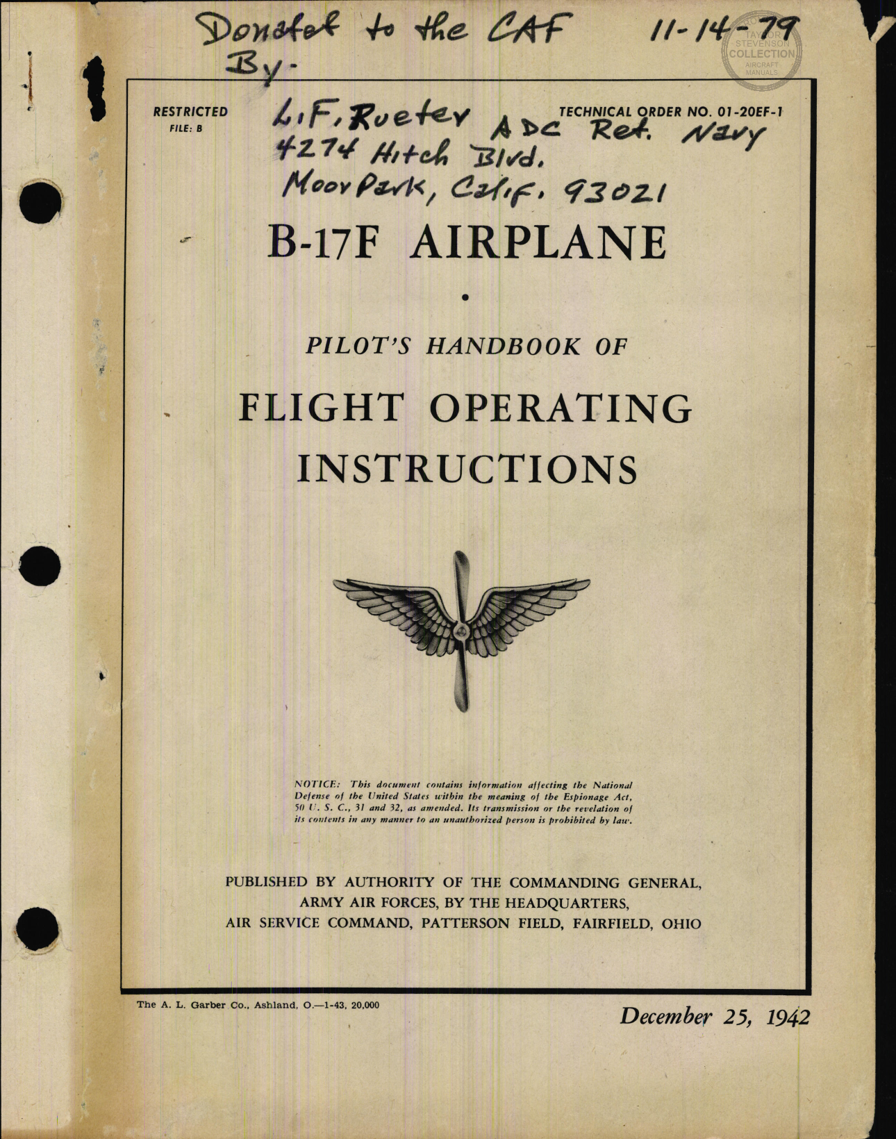Sample page 1 from AirCorps Library document: Pilot's Handbook of Flight Operating Instructions for B-17F Airplane