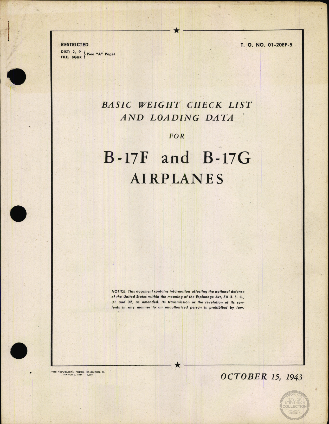 Sample page 1 from AirCorps Library document: Basic Weight Check List & Loading Data for B-17F and B-17G Airplanes