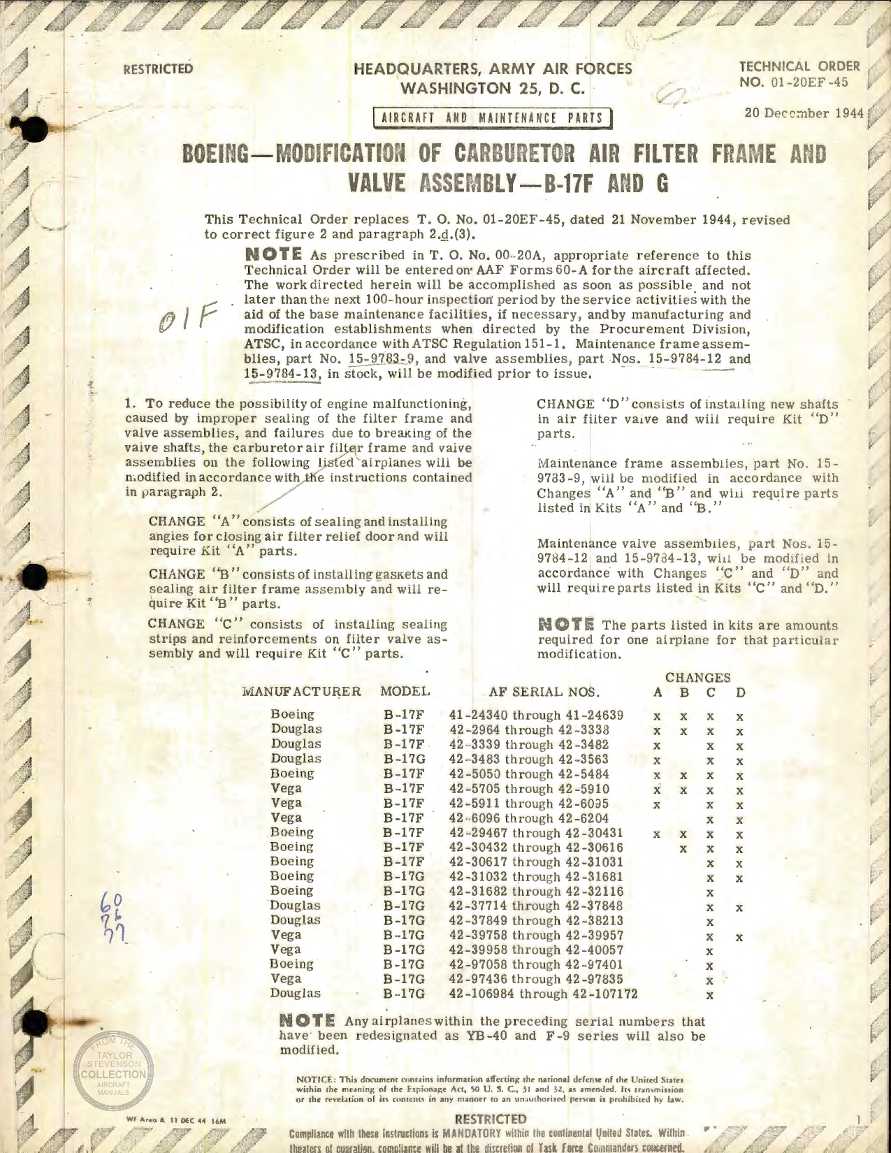 Sample page 1 from AirCorps Library document: Modification of Carburetor Air Filter Frame and Valve Assembly for B-17F and B-17G