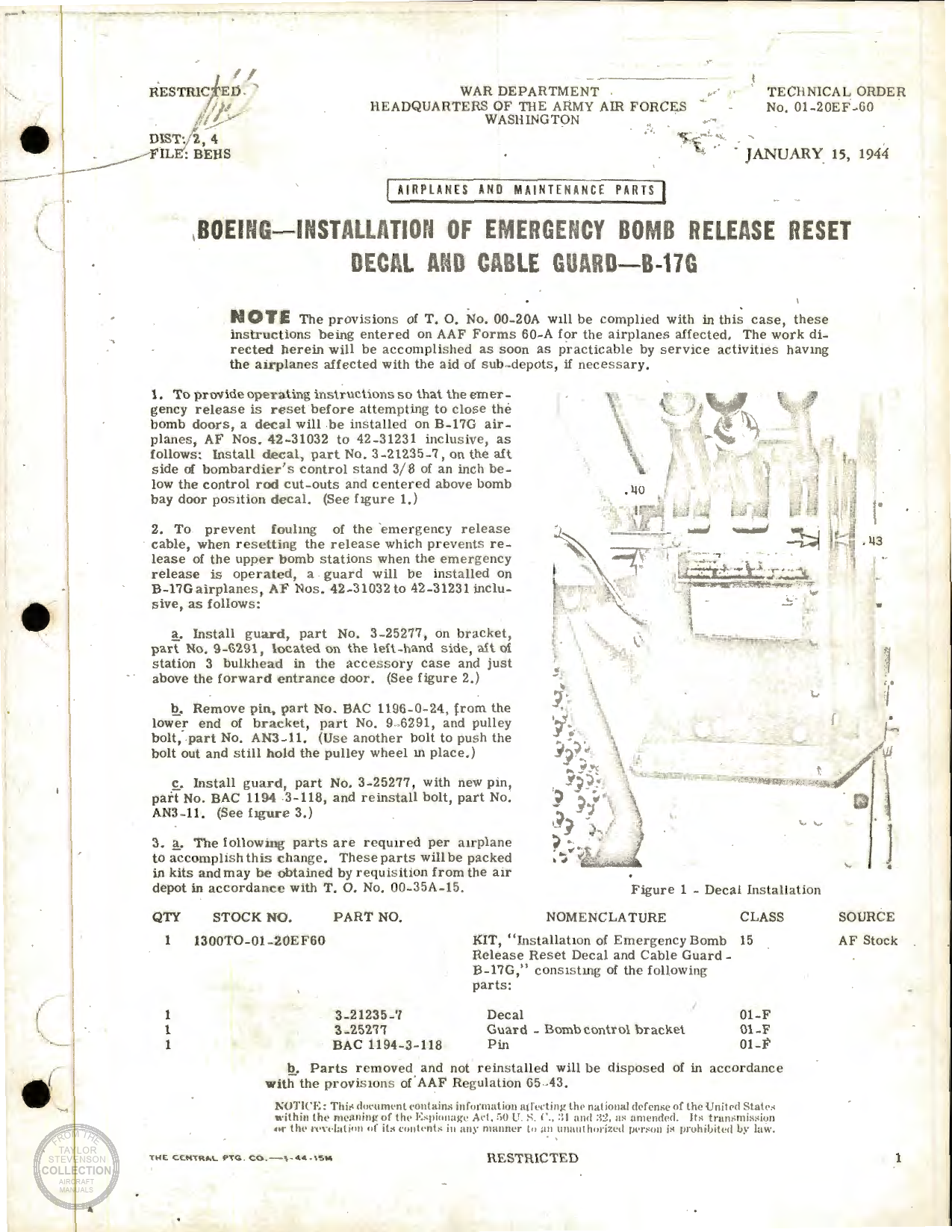 Sample page 1 from AirCorps Library document: Installation of Emergency Bomb Release Reset Decal and Cable Guard for B-17G