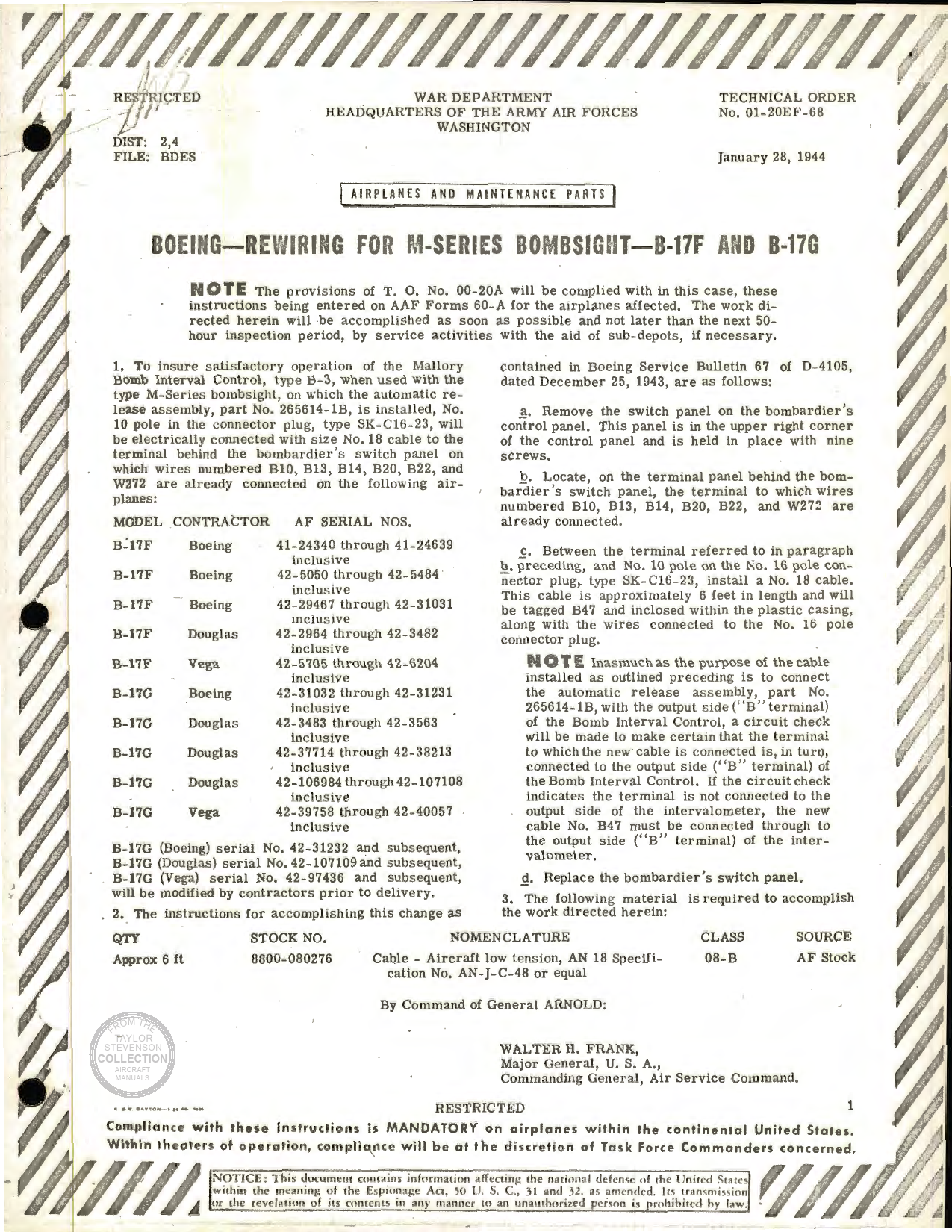 Sample page 1 from AirCorps Library document: Rewiring for M-Series Bombsight for B-17F and B-17G
