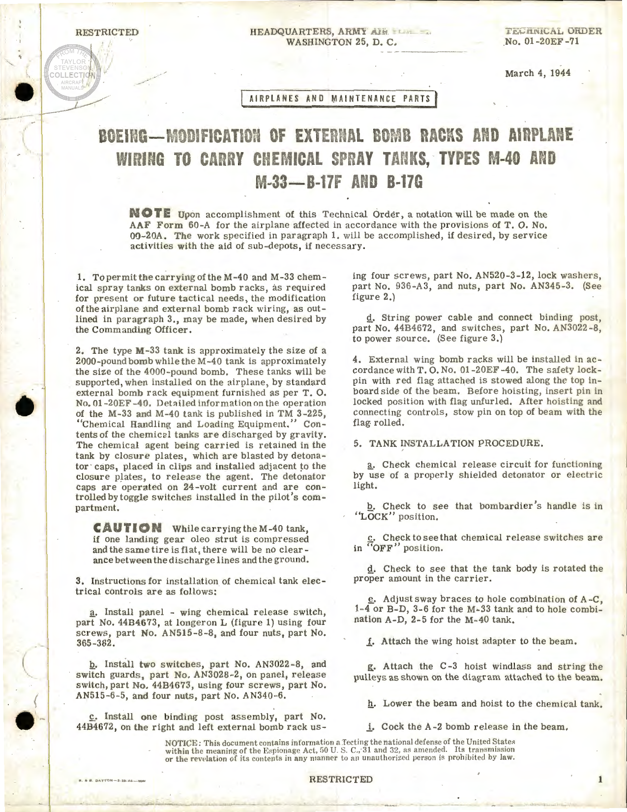 Sample page 1 from AirCorps Library document: Modification of External Bomb Racks and Airplane Wiring to Carry Chemical Spray Tanks