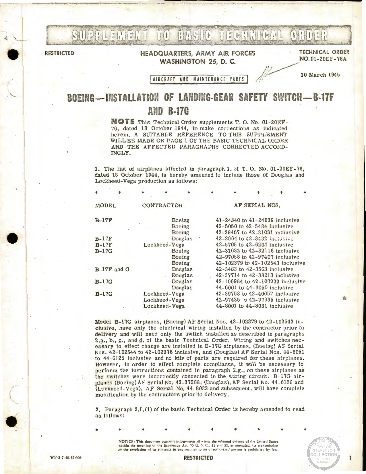 Sample page 1 from AirCorps Library document: Installation of Landing-Gear Safety Switch for B-17F and B-17G