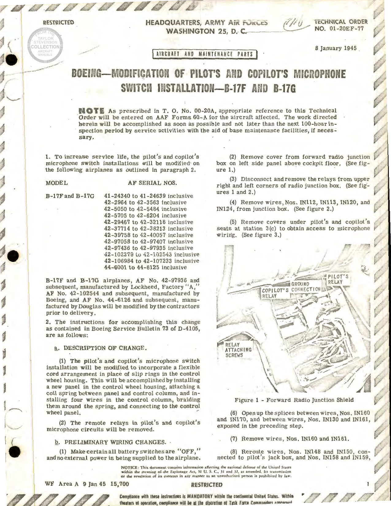 Sample page 1 from AirCorps Library document: Modification of Pilot's and Copilot's Microphone Switch Installation for B-17F and B-17G
