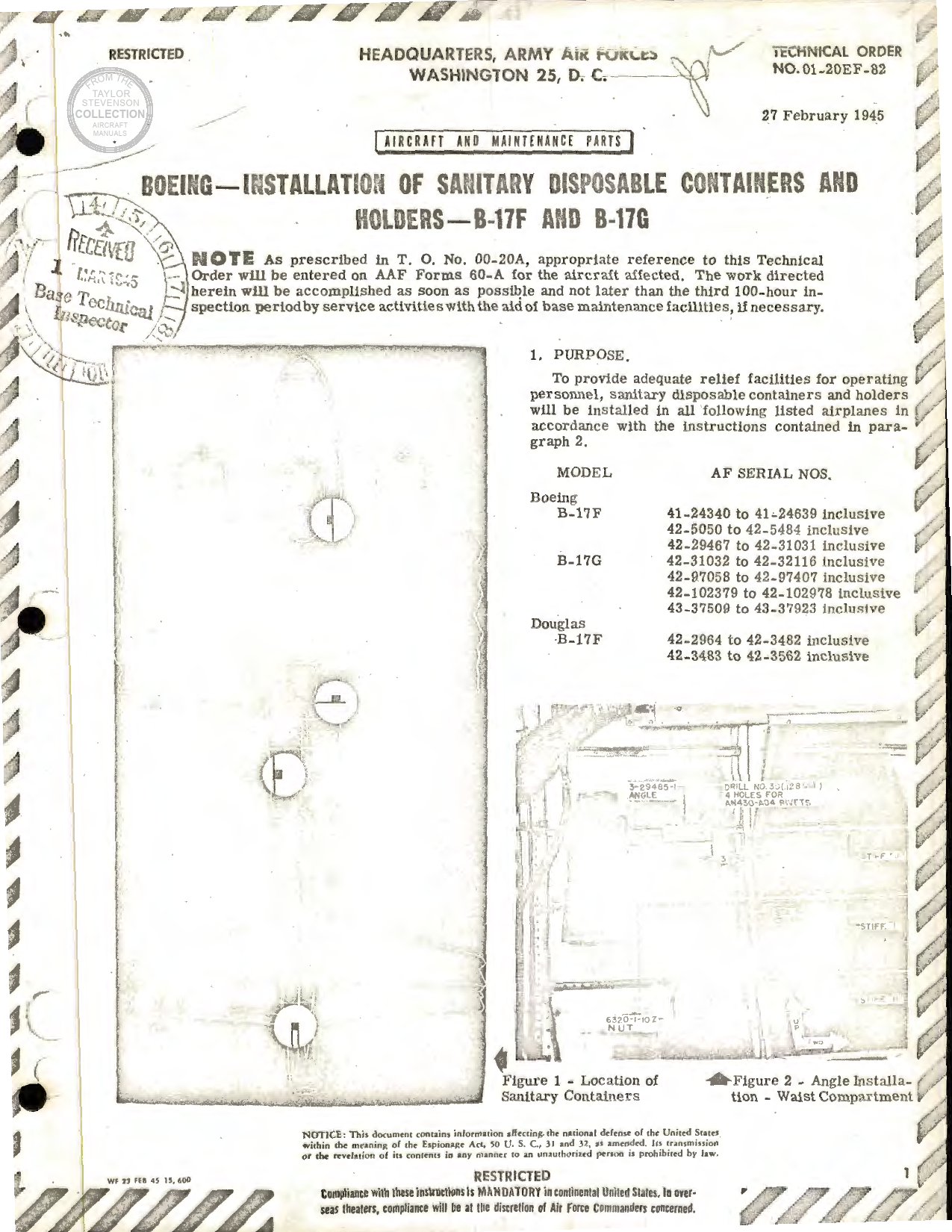 Sample page 1 from AirCorps Library document: Installation of Sanitary Disposable Containers and Holders for B-17F and B-17G