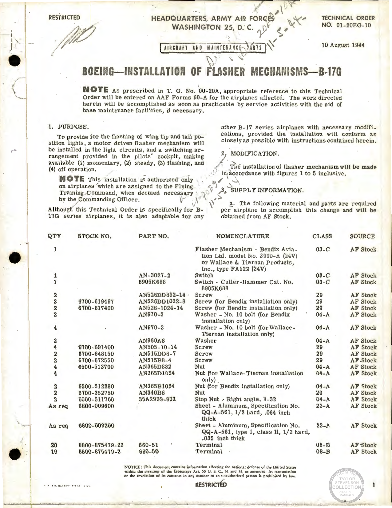 Sample page 1 from AirCorps Library document: Installation of Flasher Mechanisms for B-17G