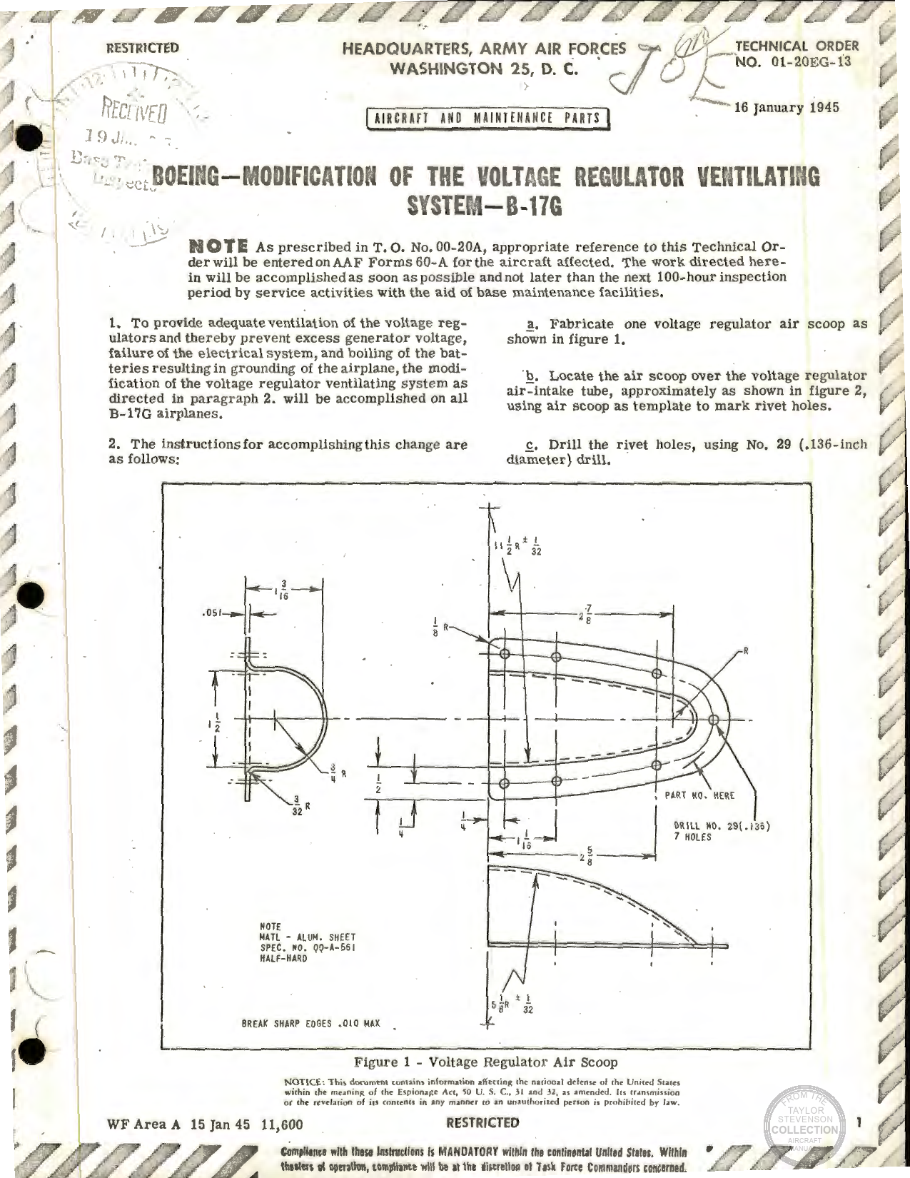 Sample page 1 from AirCorps Library document: Modification of the Voltage Regulator Ventilating System for B-17G