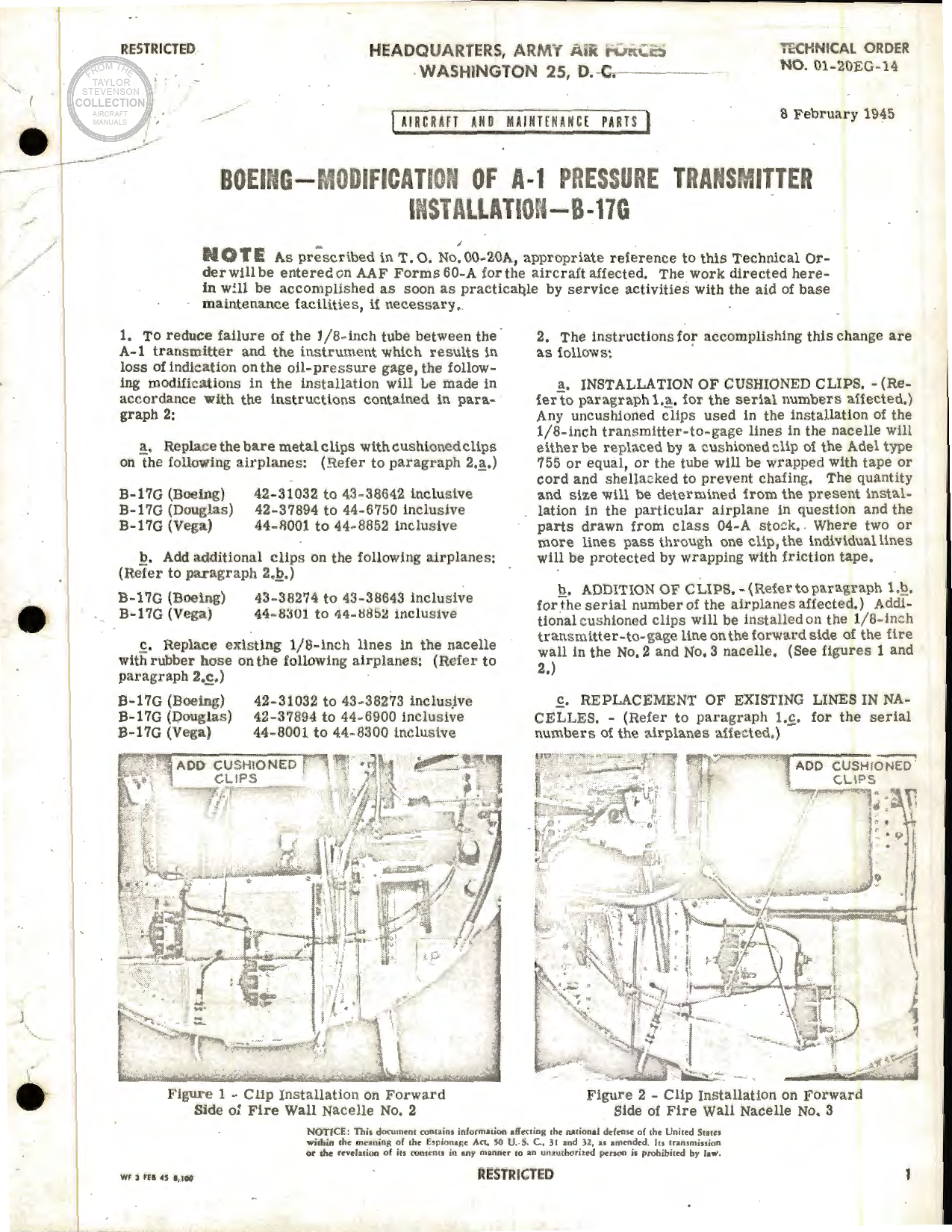 Sample page 1 from AirCorps Library document: Modification of A-1 Pressure Thermometer Installation for B-17G