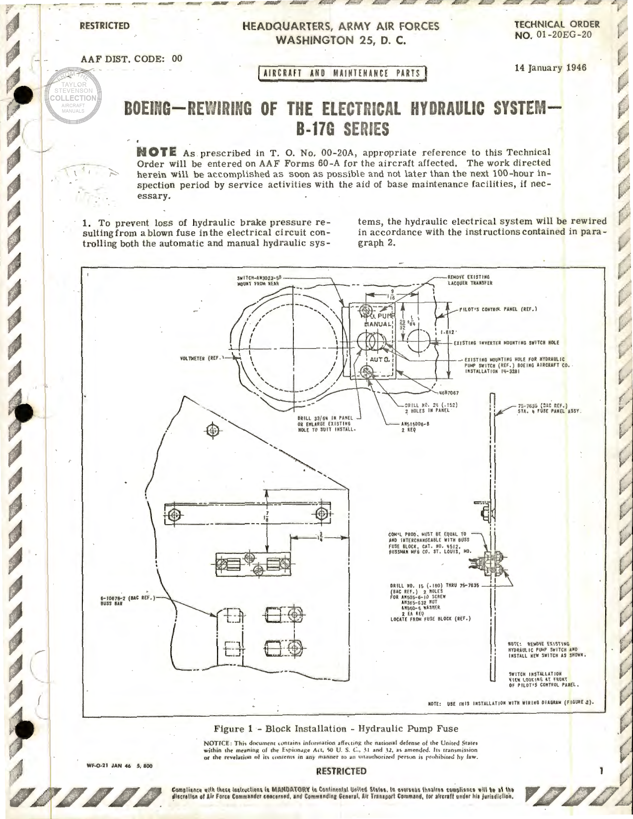 Sample page 1 from AirCorps Library document: Rewiring of the Electrical Hydraulic System for B-17G Series
