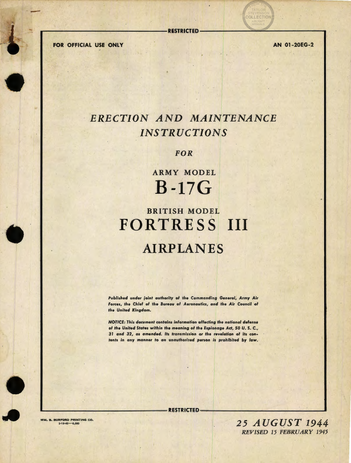 Sample page 1 from AirCorps Library document: Erection and Maintenance Instructions for B-17G (Fortress III) Airplanes
