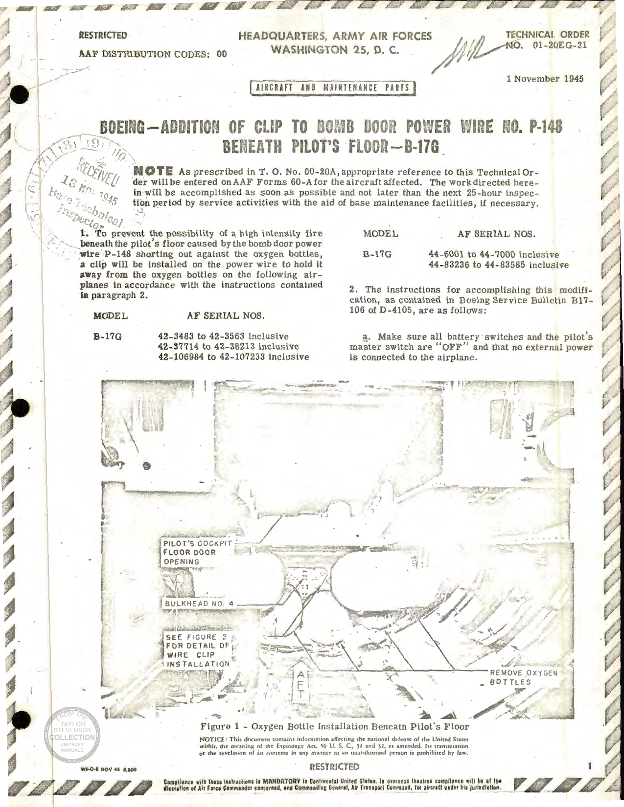 Sample page 1 from AirCorps Library document: Addition of Clip to Bomb Door Power Wire No. P-148 Beneath Pilot's Floor for B-17G