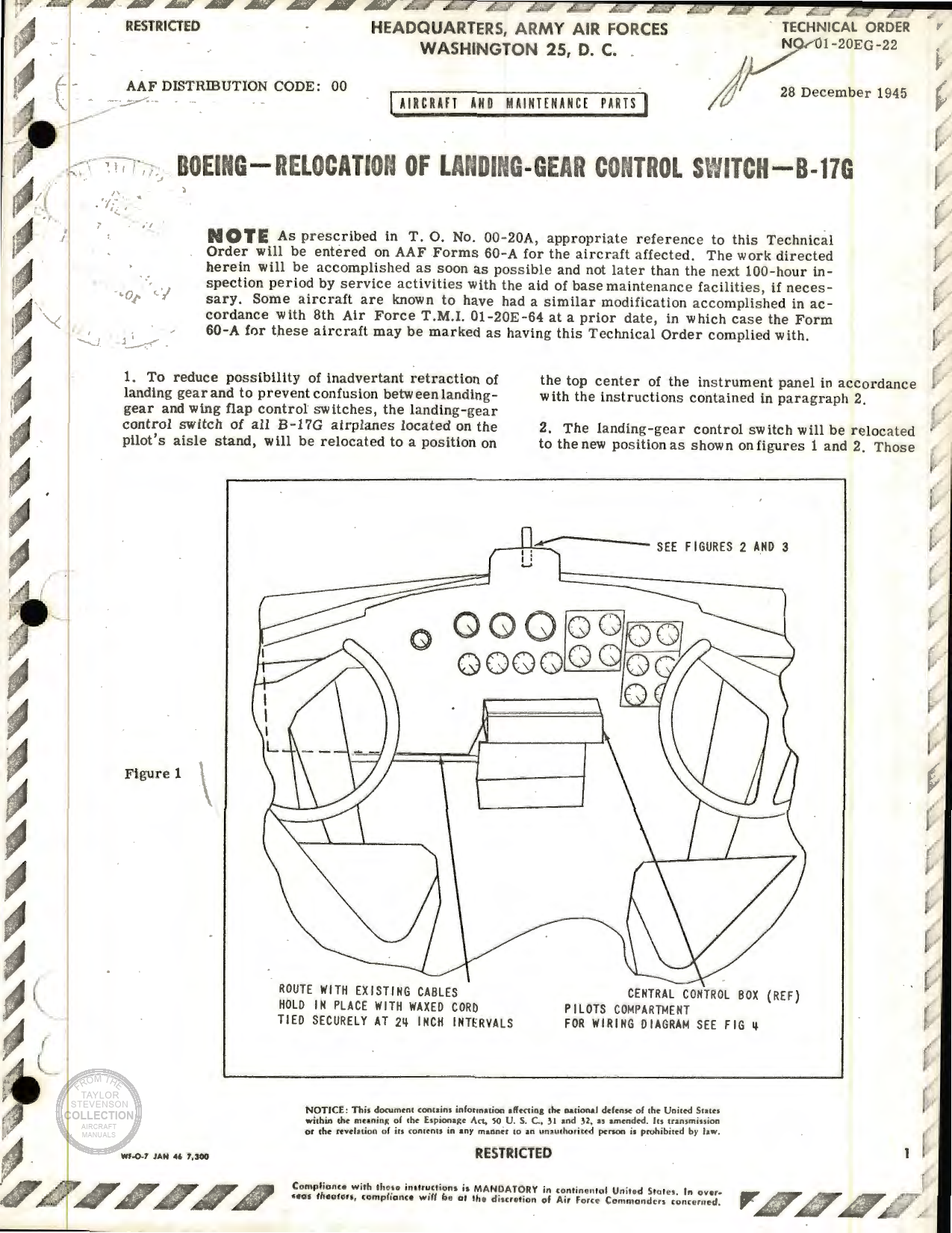 Sample page 1 from AirCorps Library document: Relocation of Landing-Gear Control Switch for B-17G