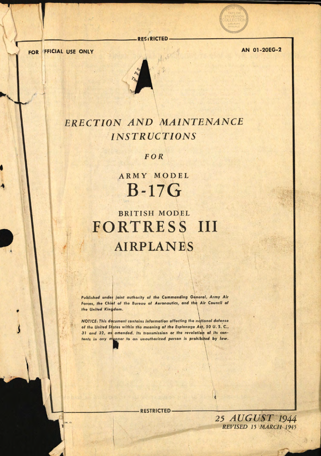 Sample page 1 from AirCorps Library document: Erection and Maintenance Instructions for B-17G (Fortress III) Airplanes