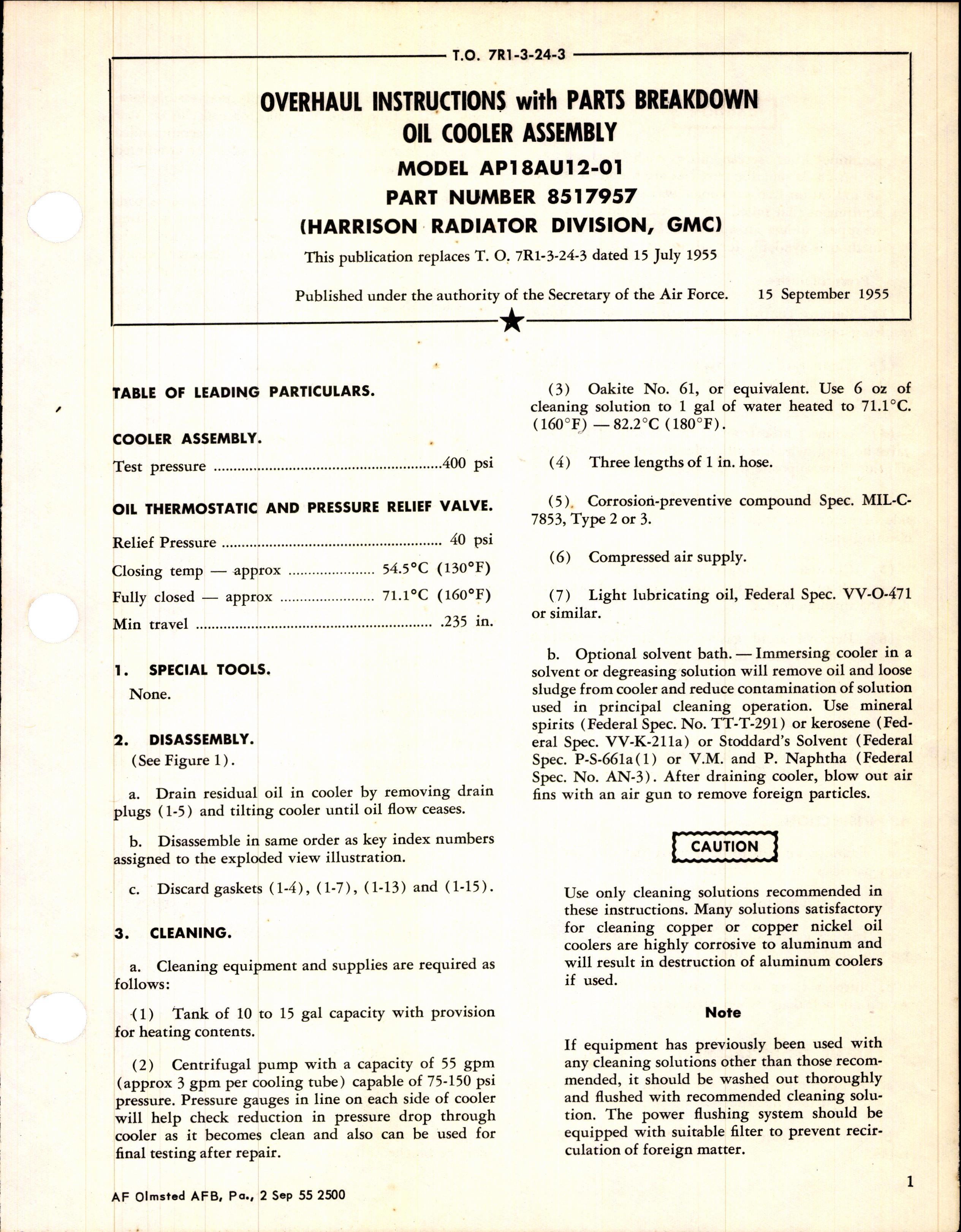 Sample page 1 from AirCorps Library document: Overhaul Instructions with Parts Breakdown for Oil Cooler Assembly