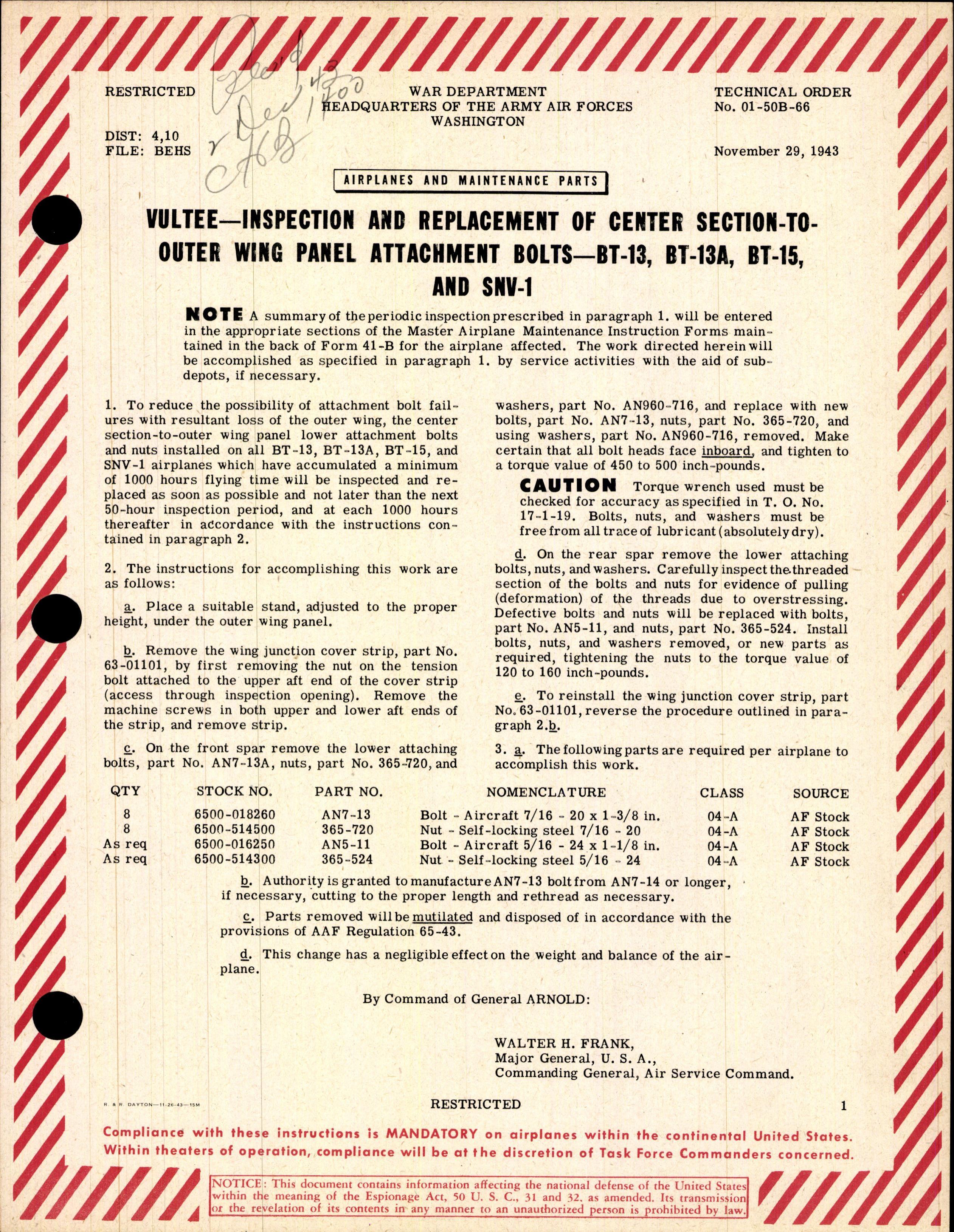 Sample page 1 from AirCorps Library document: Inspection and Replacement of Center Section-to-Outer WIng Panel Attachment Bolts - BT-13, BT-13A, BT-15, and SNV-1