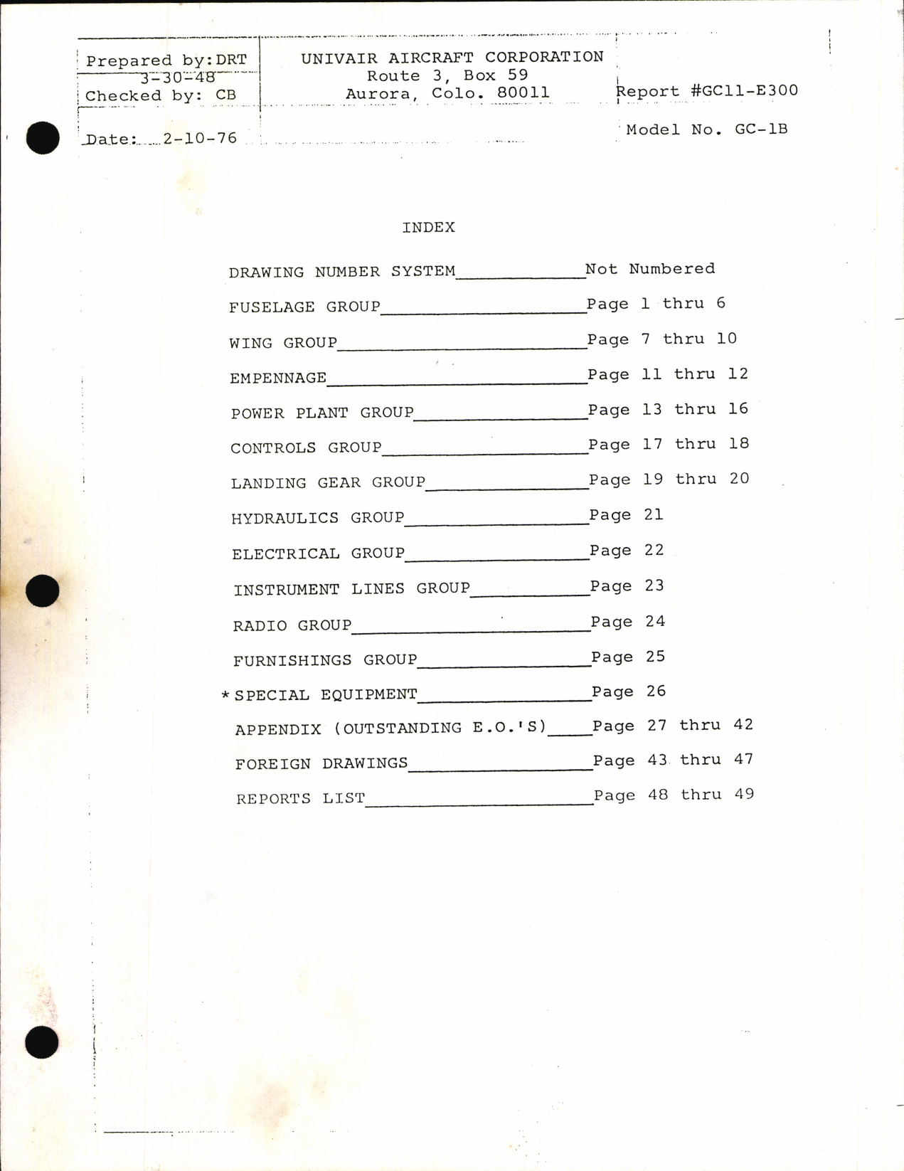 Sample page 2 from AirCorps Library document: Univair Aircraft Corporation Drawing List