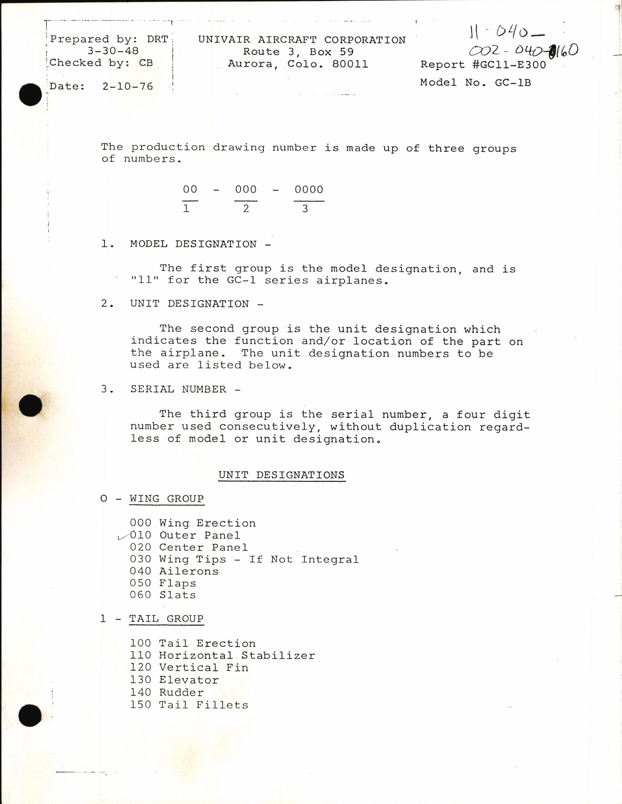Sample page 4 from AirCorps Library document: Univair Aircraft Corporation Drawing List