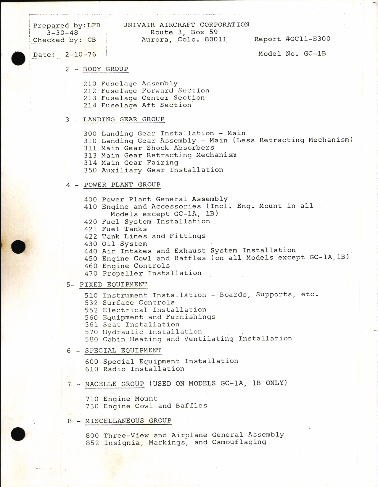 Sample page 5 from AirCorps Library document: Univair Aircraft Corporation Drawing List