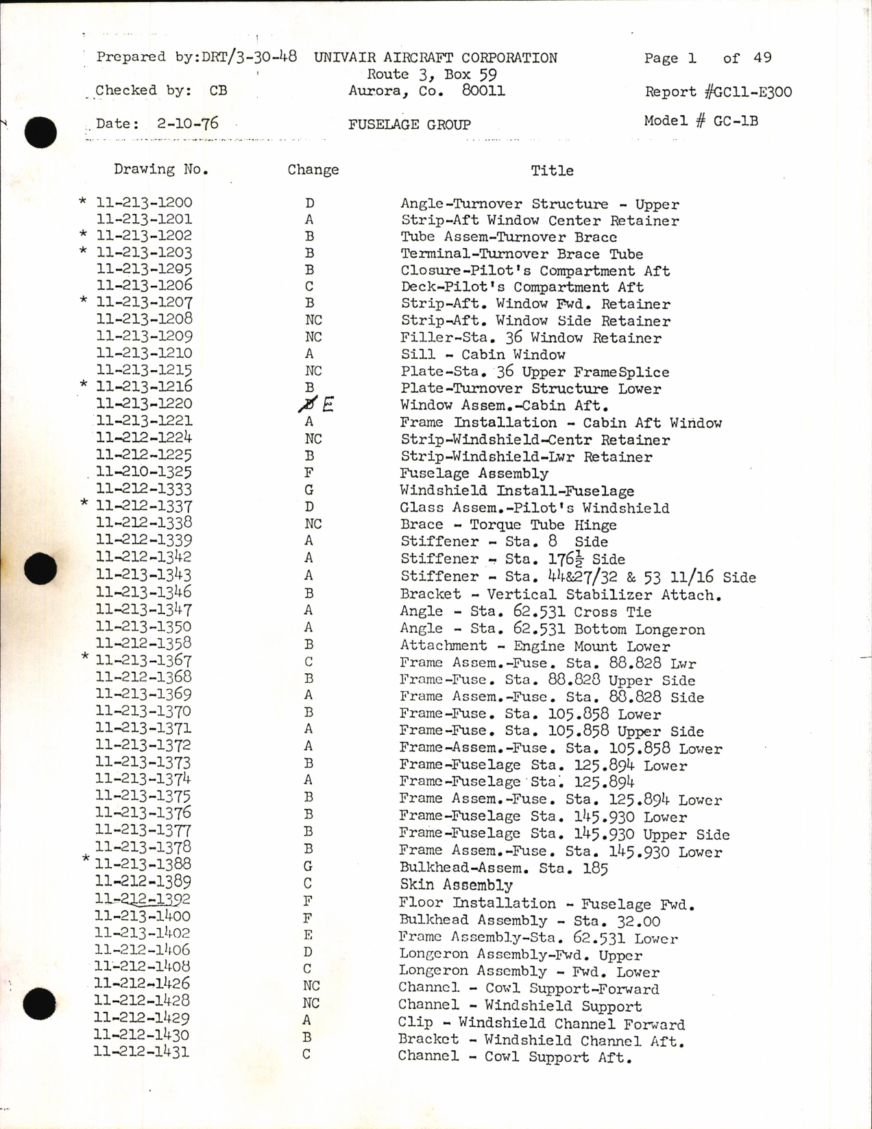 Sample page 6 from AirCorps Library document: Univair Aircraft Corporation Drawing List