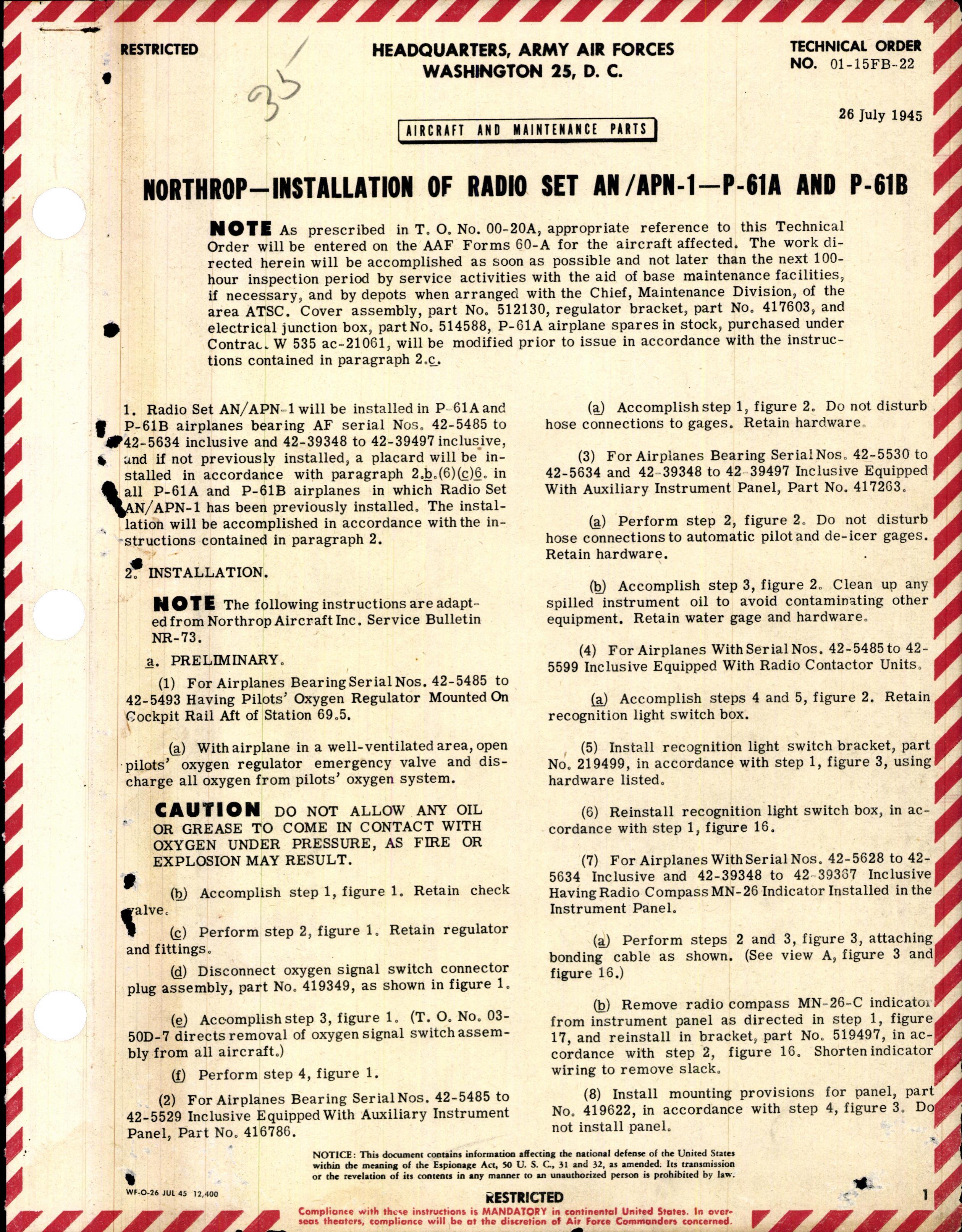 Sample page 1 from AirCorps Library document: Installation of Radio Set AN/APN-1 P-61A and P61B