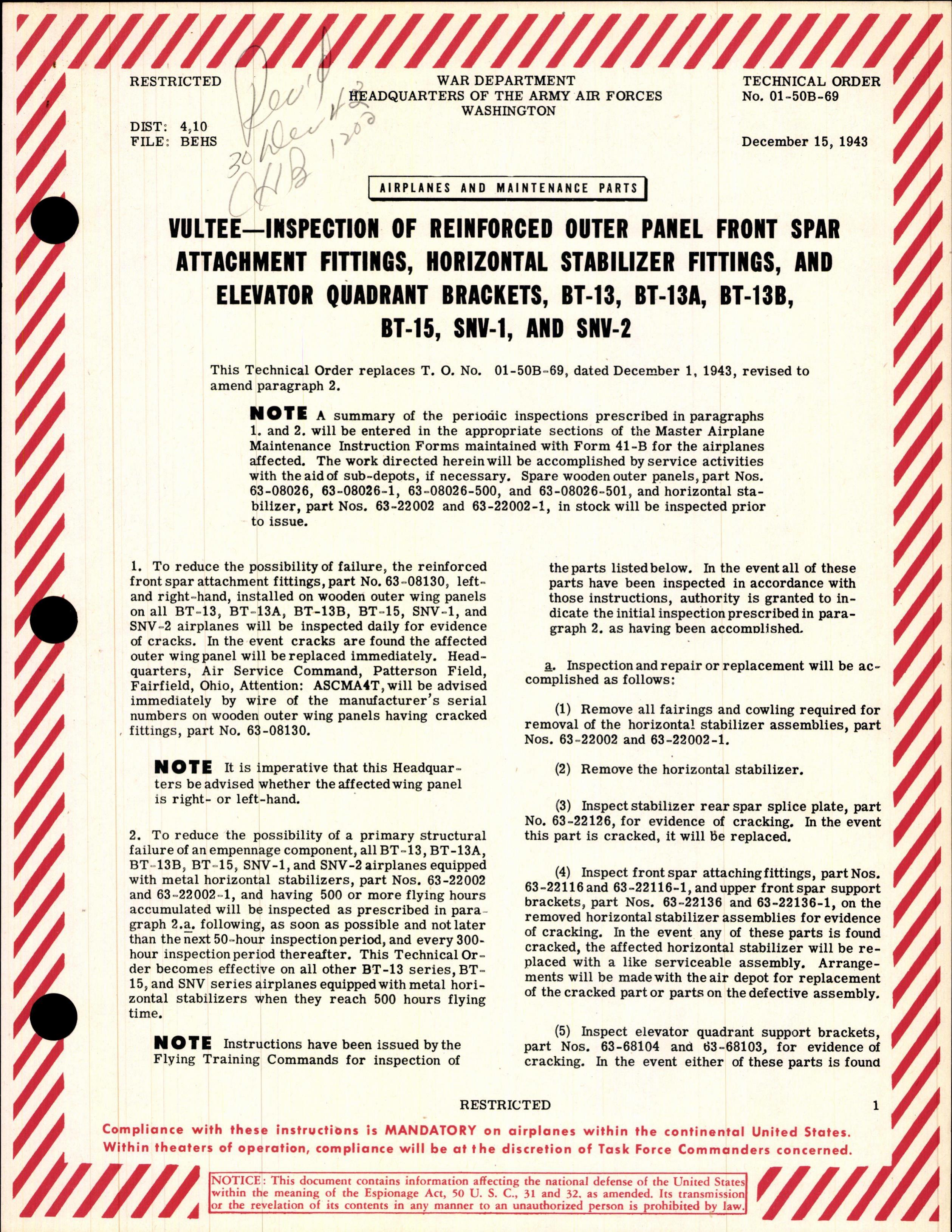 Sample page 1 from AirCorps Library document: Inspection of Reinforced Outer Panel Front Spar Attachment & Horizontal Fittings, and Elevator Quadrant Brackets