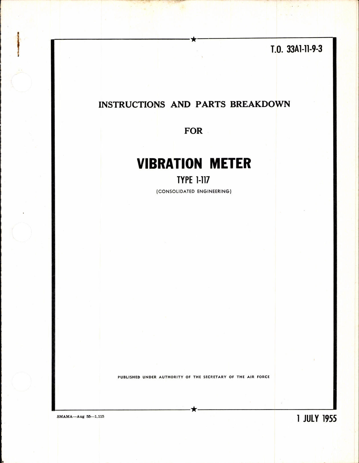 Sample page 1 from AirCorps Library document: Instructions & Parts Breakdown for Vibration Meter Type 1-117