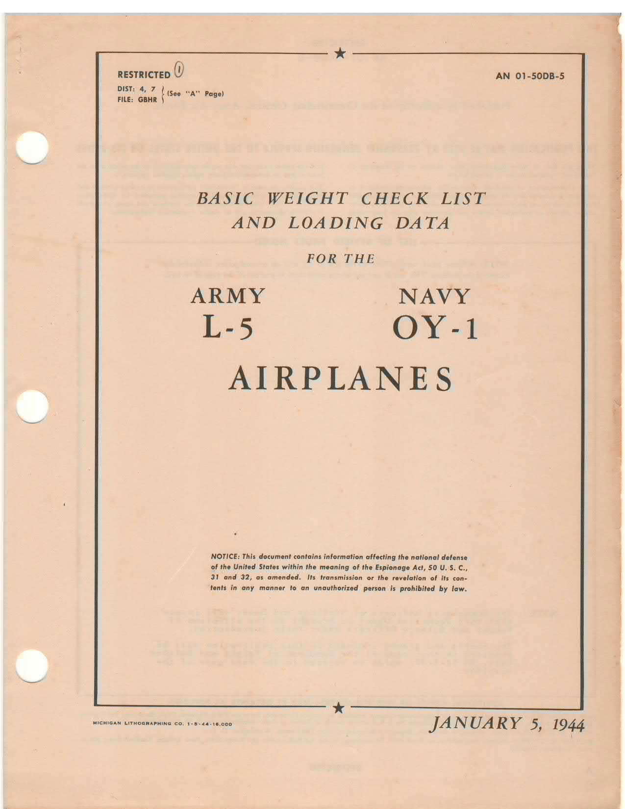 Sample page 1 from AirCorps Library document: Basic Weight Check List and Loading Data - L-5, OY-1