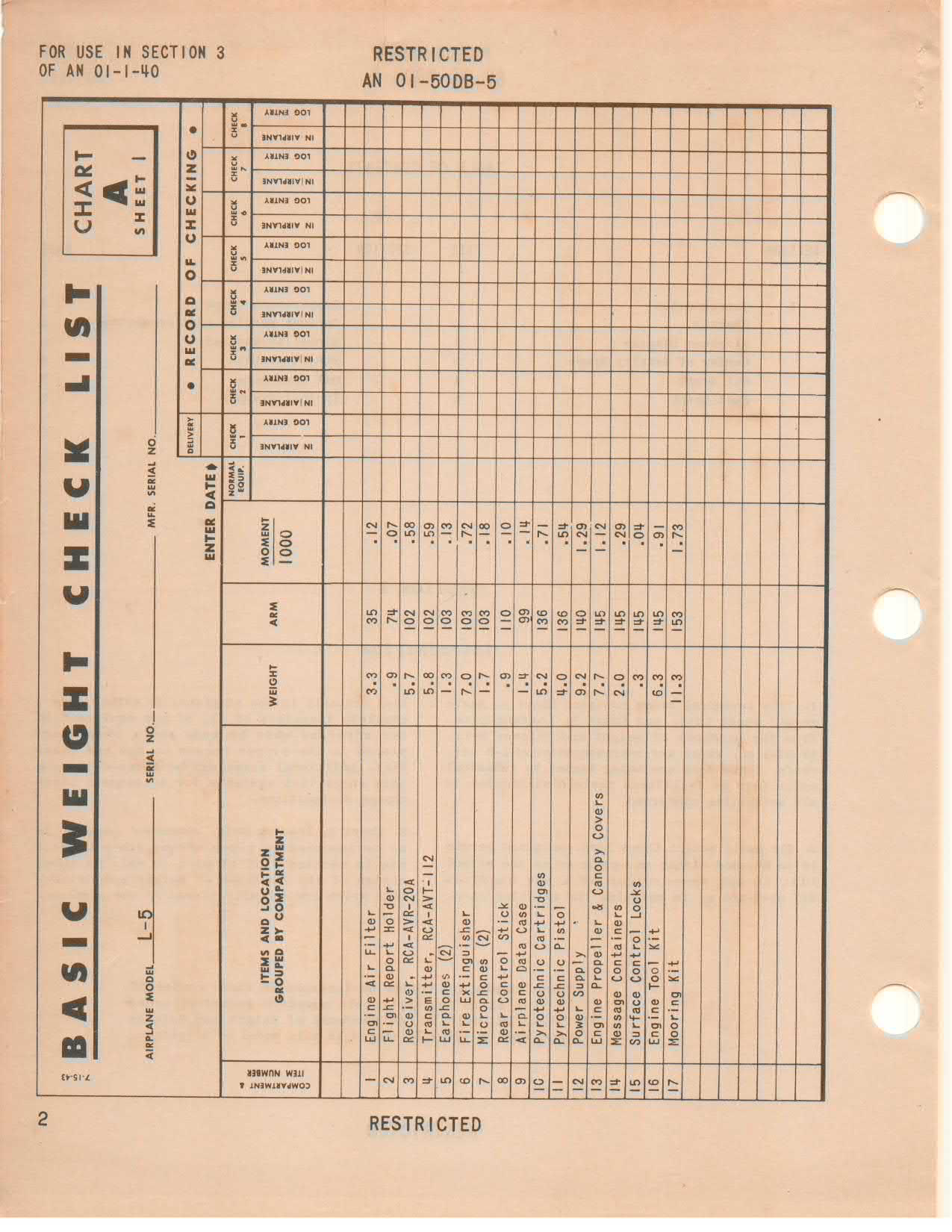 Sample page 4 from AirCorps Library document: Basic Weight Check List and Loading Data - L-5, OY-1