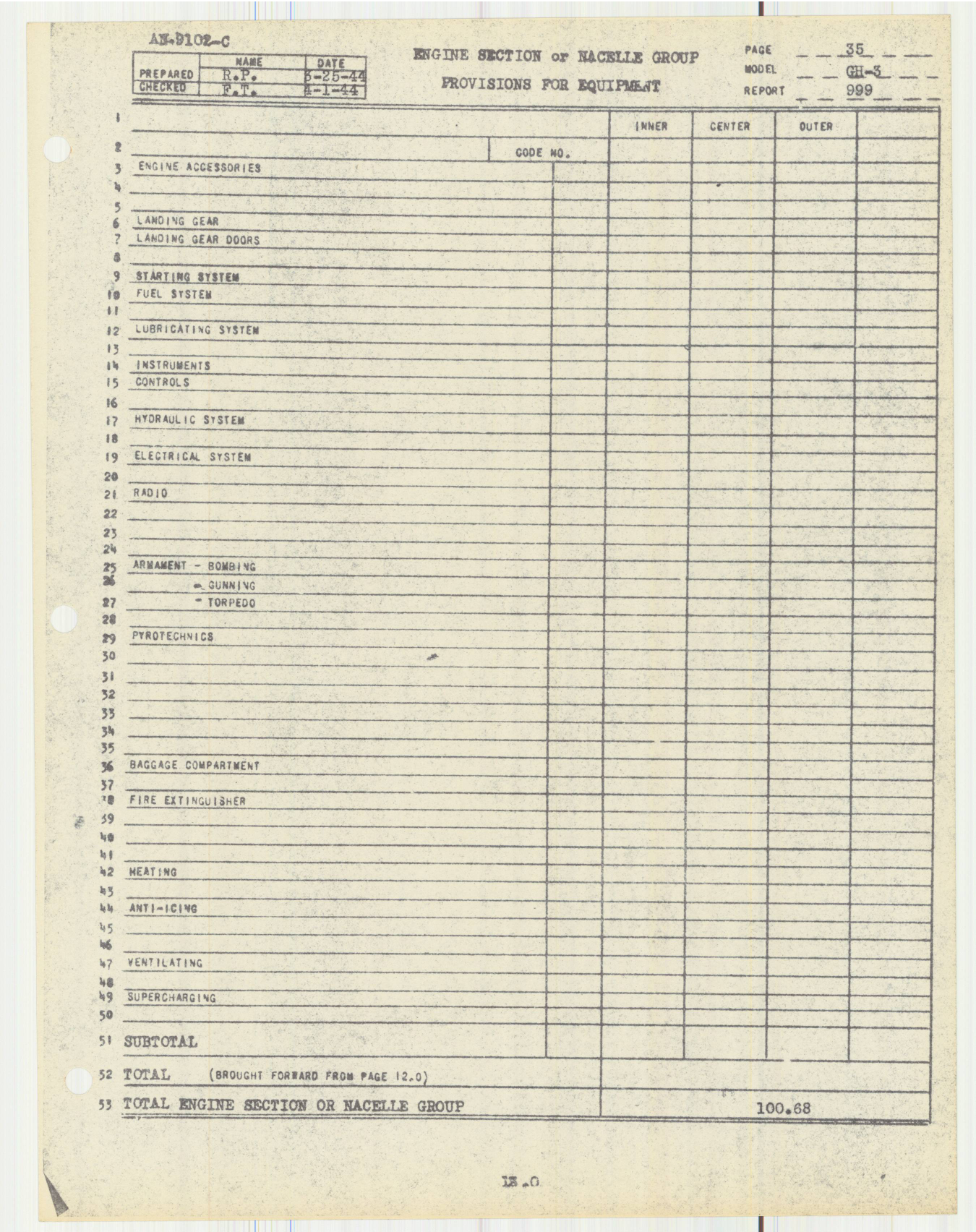 Sample page 38 from AirCorps Library document: Report 999, Weight and Balance, GH-3 999