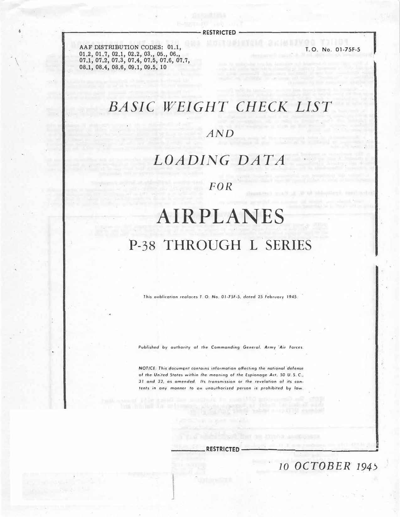 Sample page 1 from AirCorps Library document: Basic Weight Check List and Loading Data - P-38