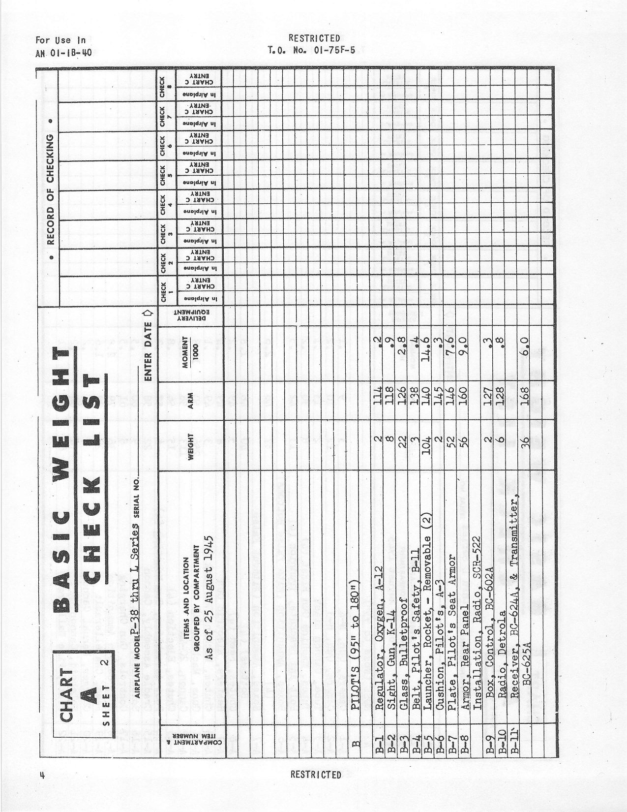 Sample page 6 from AirCorps Library document: Basic Weight Check List and Loading Data - P-38