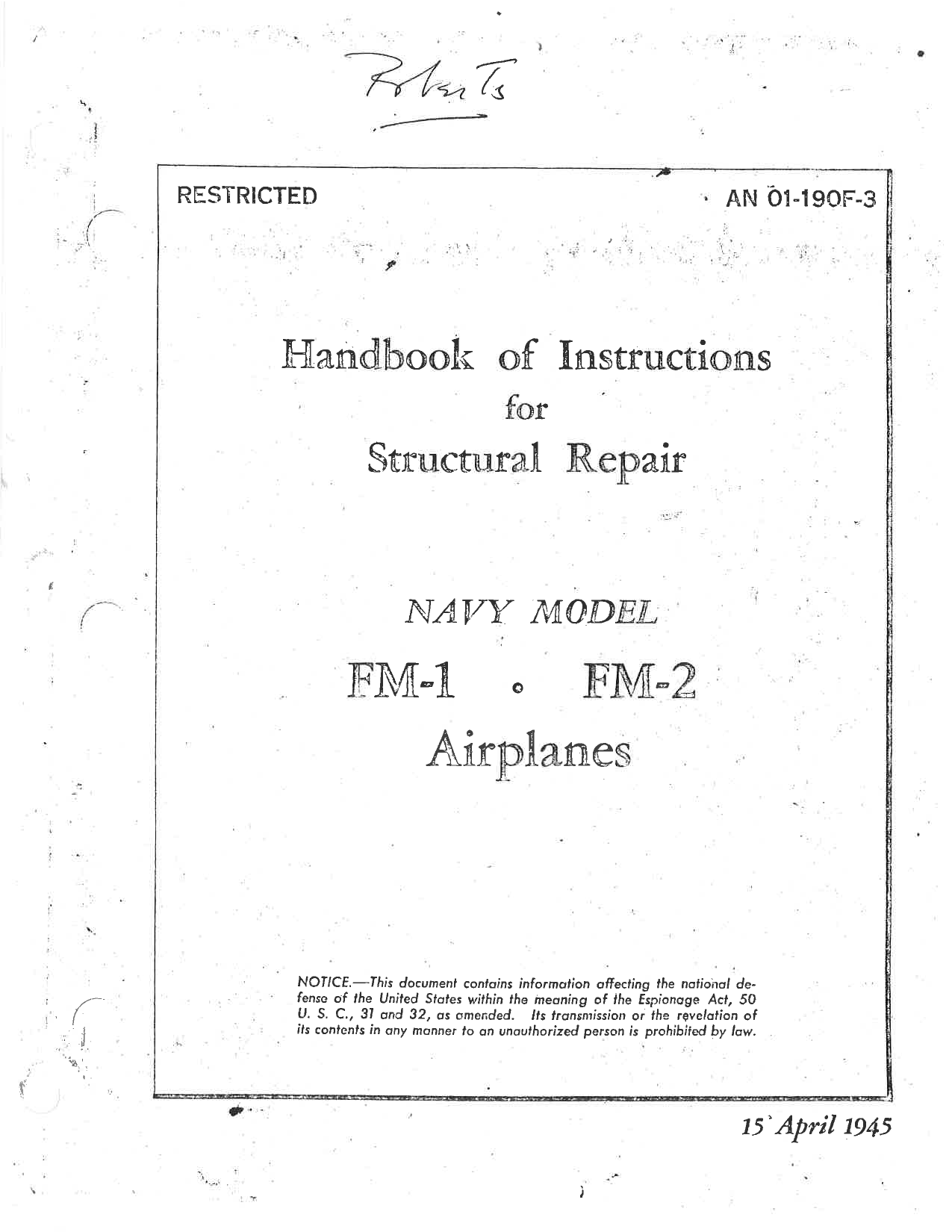 Sample page 1 from AirCorps Library document: Structural Repair - Handbook of Instructions - Wildcat FM-1 & FM-2