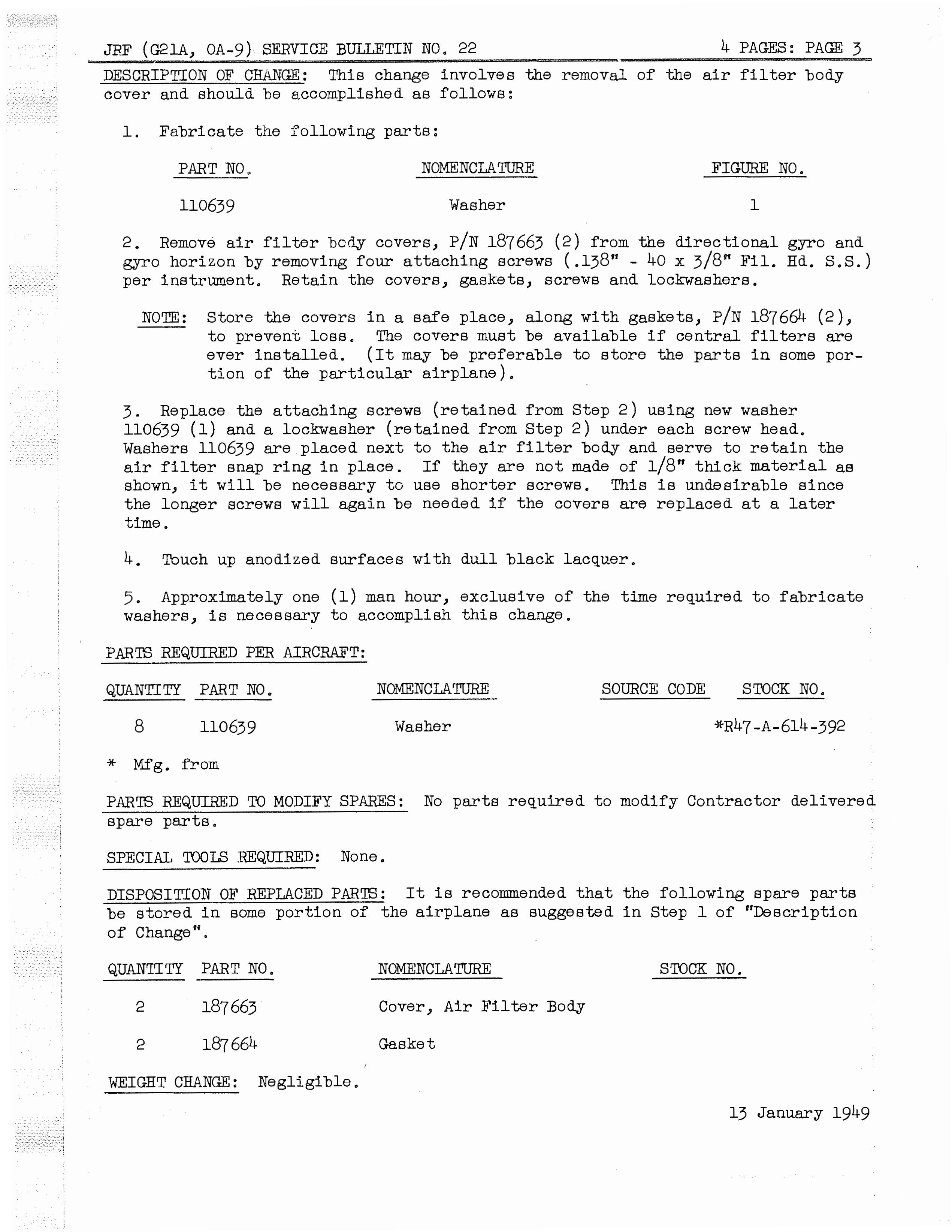 Sample page 5 from AirCorps Library document: Removal of Furnishings, Cover, Gyro Horizon Indicator and Directional Gyro Air Filter Body for JRF Aircraft