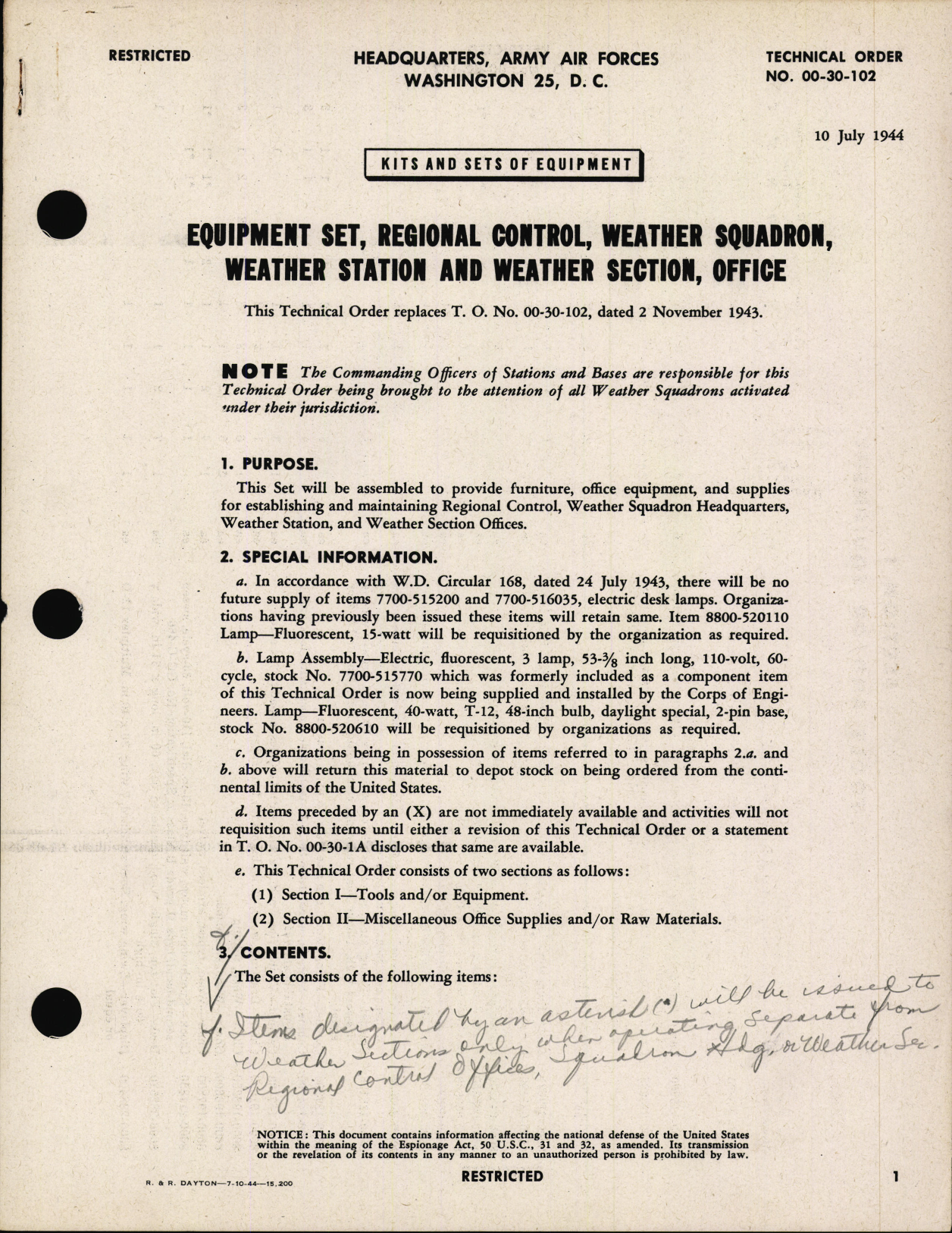 Sample page 1 from AirCorps Library document: Equipment Set, Regional Control, Weather Squadron