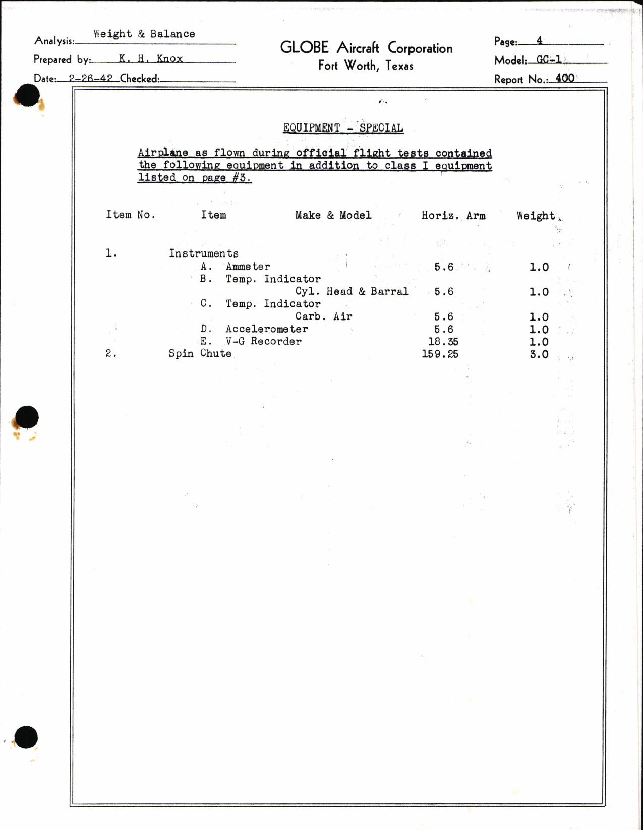 Sample page 3 from AirCorps Library document: Weight and Balance Data for Globe Model GC-1