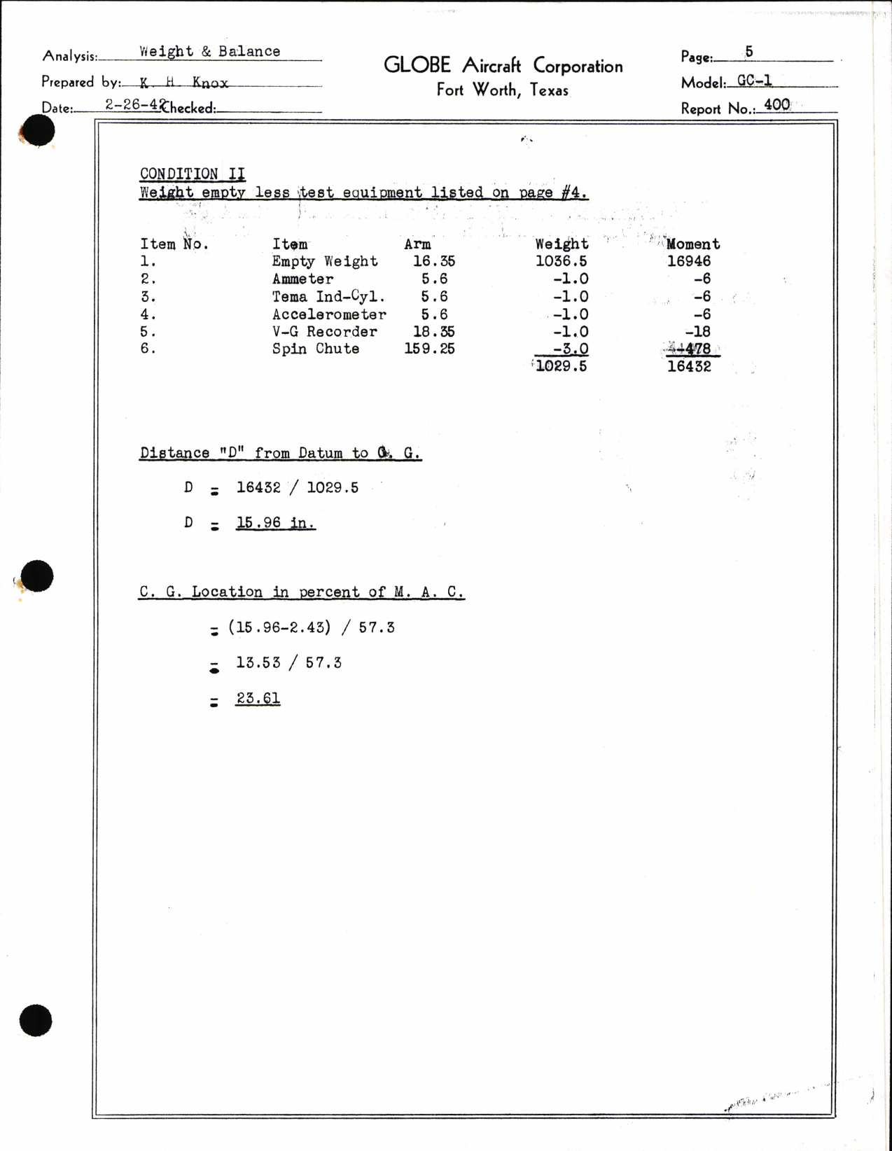 Sample page 4 from AirCorps Library document: Weight and Balance Data for Globe Model GC-1