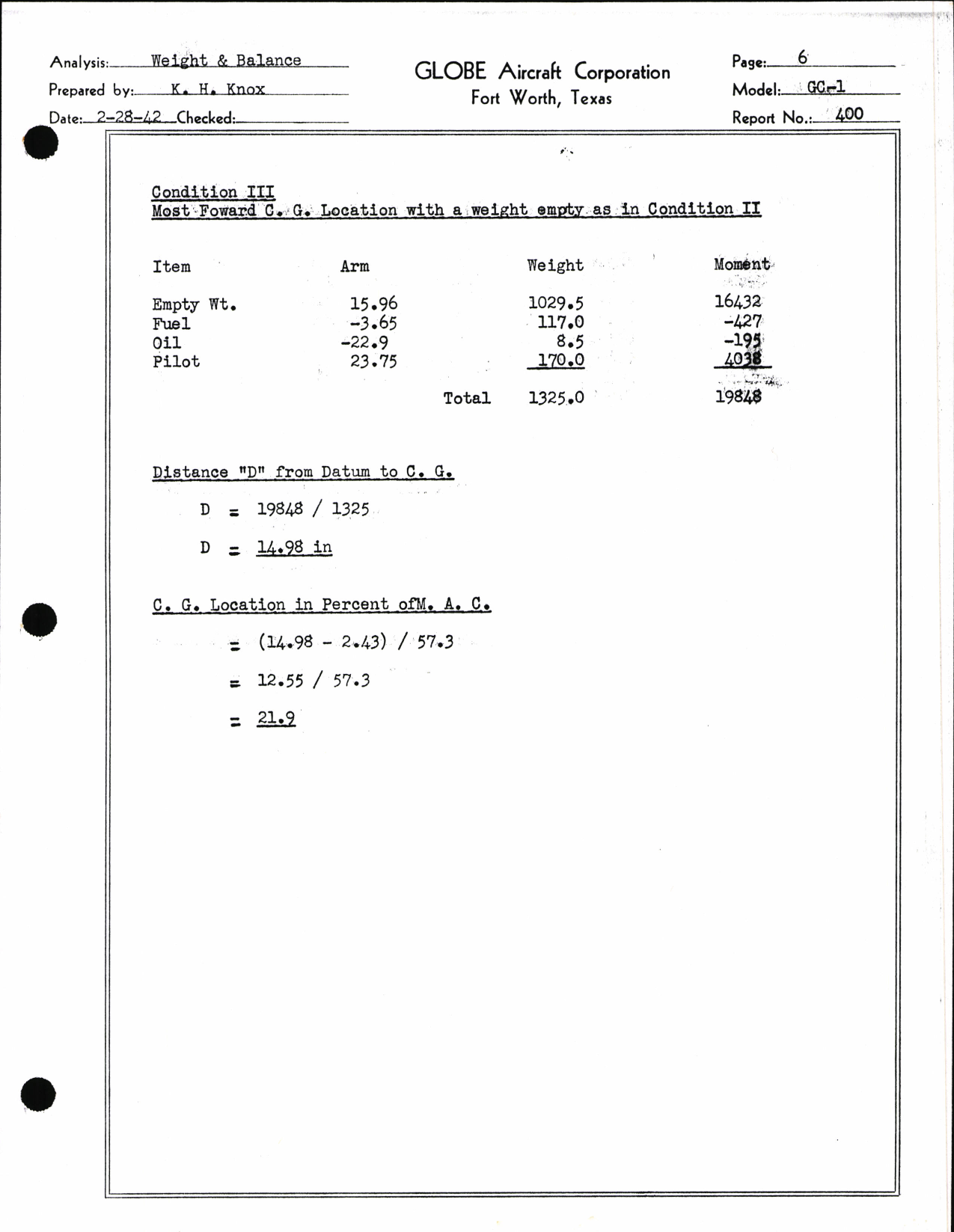 Sample page 5 from AirCorps Library document: Weight and Balance Data for Globe Model GC-1