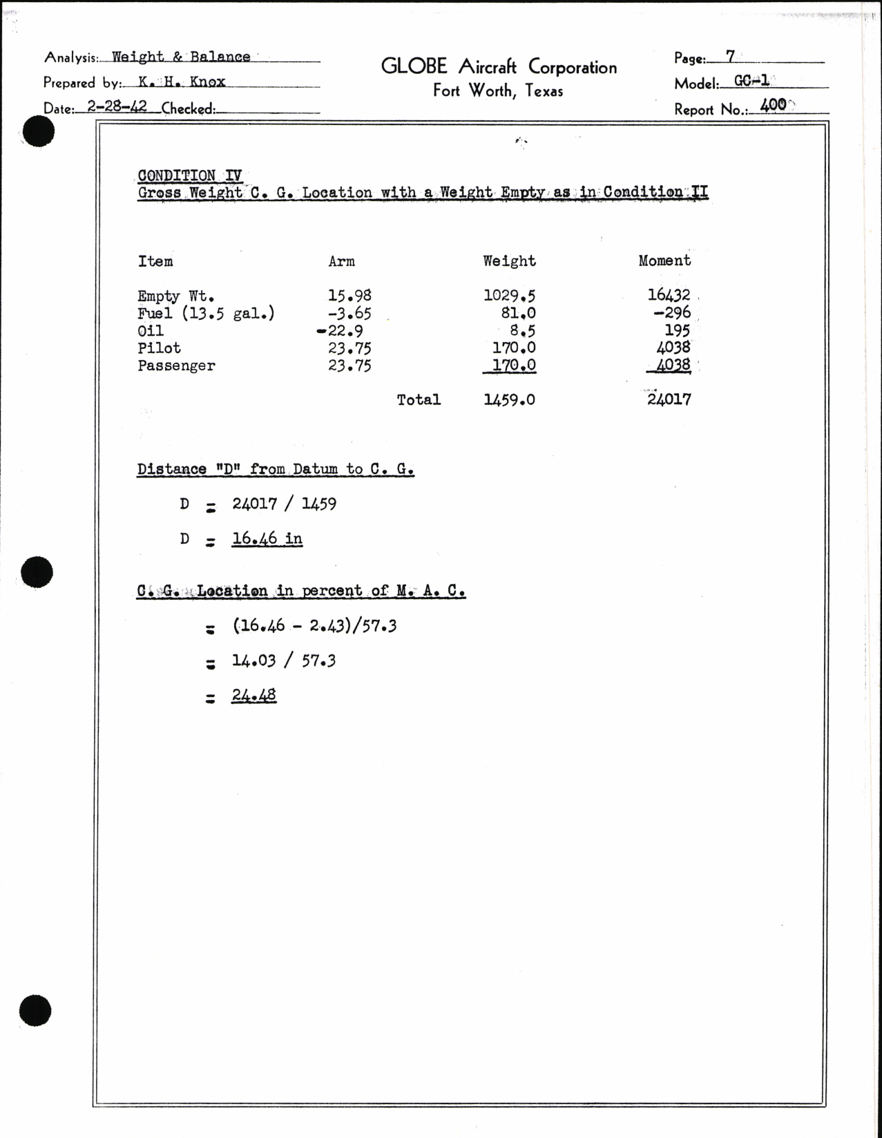 Sample page 6 from AirCorps Library document: Weight and Balance Data for Globe Model GC-1
